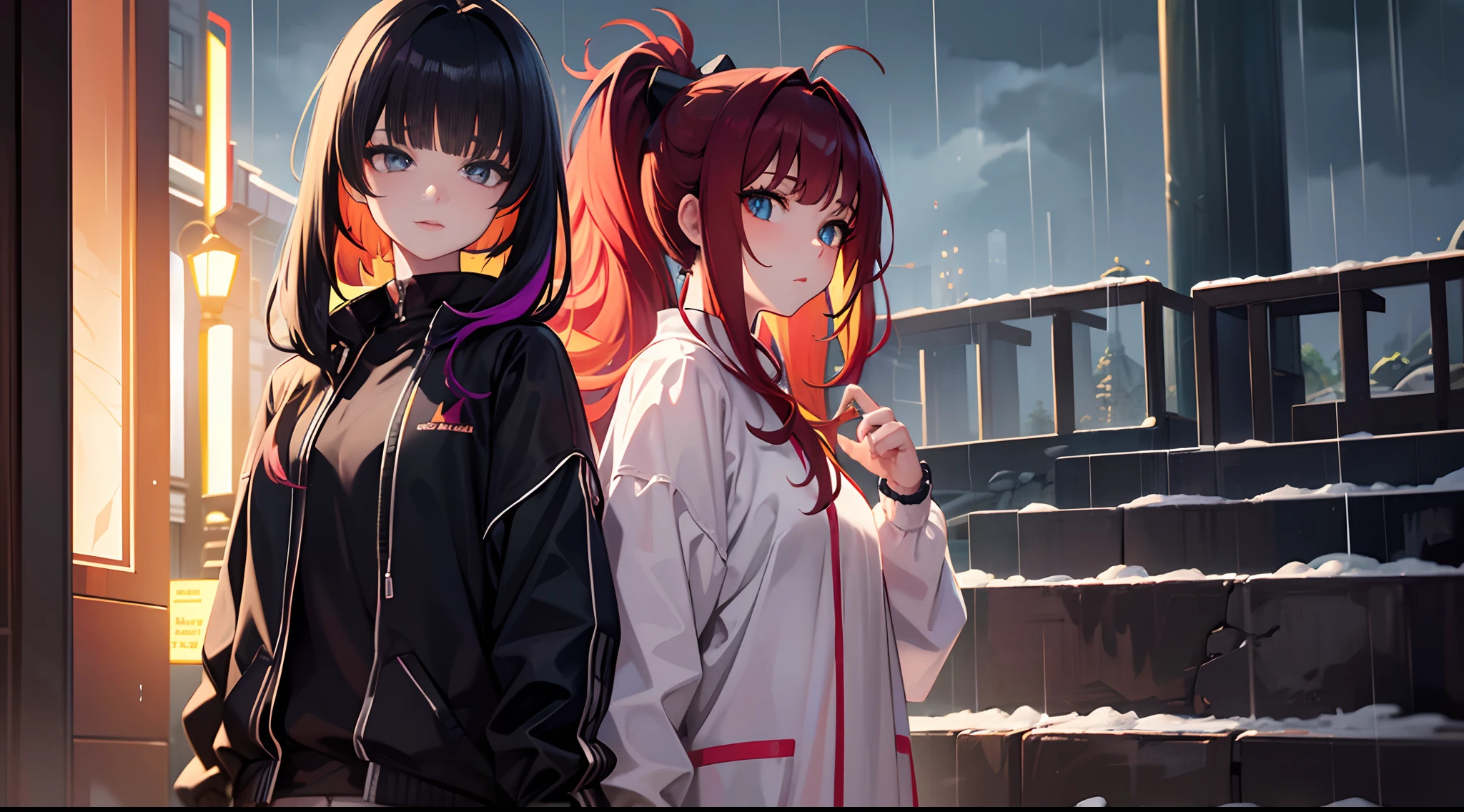 masterpiece, lots of detail, 4k, 8k, ((ultra-detailed)), highres, soft lighting, 2girls, autumn, rain, outerwear, {green eyes|red eyes|blue eyes|gold eyes}, {very long hair|short hair|curly hair}, {red hair|black hair|blonde hair|multicolored hair|green hair|purple hair}, {twintails|ponytail|loose hair|bob cut|hime cut|tomboy}, {low angle|medium angle|high angle}