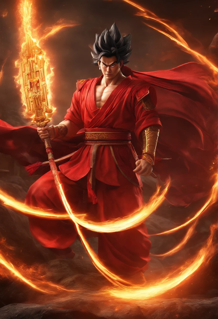 Goku as Chinese warrior in red robes, Dynasty warrior style, Elaborate and gorgeous CGI anime style, Luffy, 8K highly detailed digital effect fantasy, cgsociety 9, epic digital art illustration, and Mumford and Alex Gray style, Bio-luminescence
