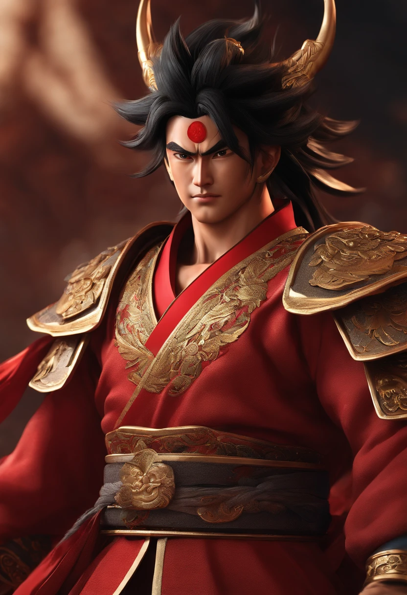 Goku as Chinese warrior in red robes, Dynasty warrior style, Elaborate and gorgeous CGI anime style, Luffy, 8K highly detailed digital effect fantasy, cgsociety 9, epic digital art illustration, and Mumford and Alex Gray style, Bio-luminescence