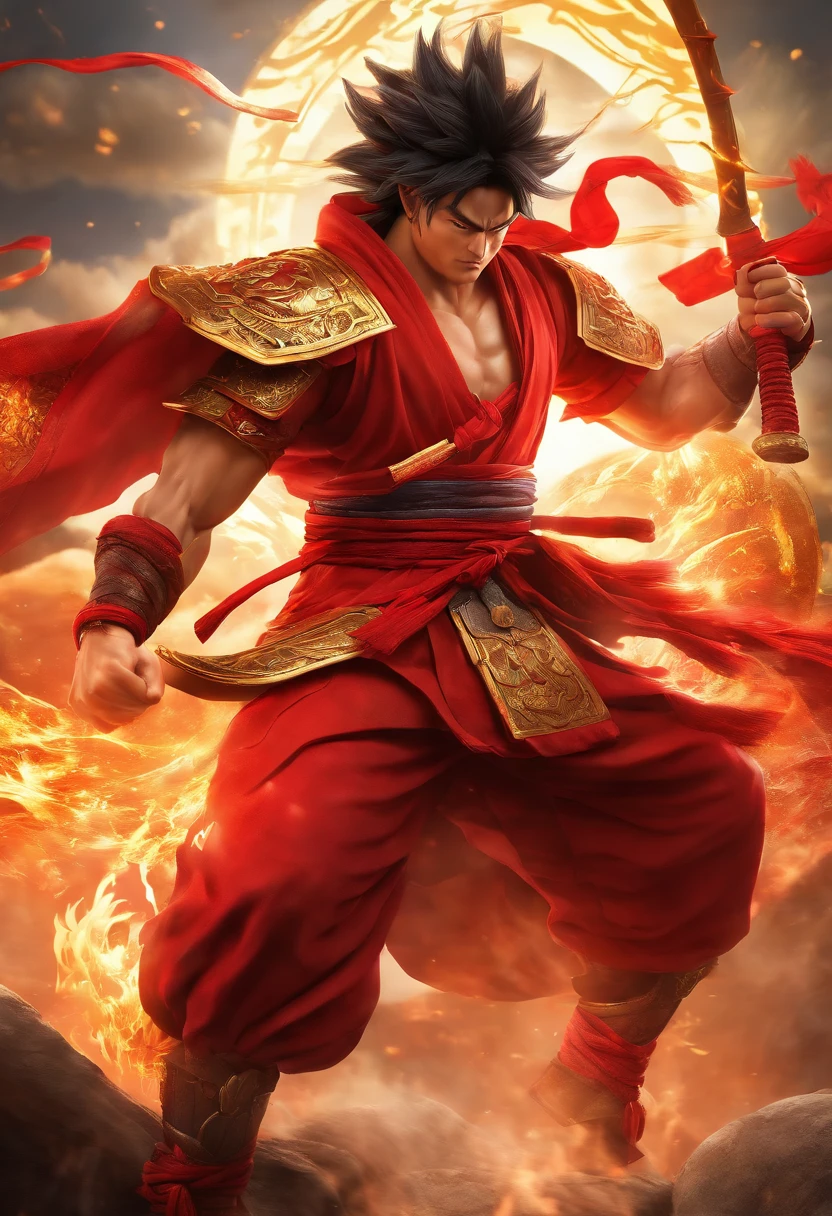 Goku as Chinese warrior in red robes, Dynasty warrior style, Elaborate and gorgeous CGI anime style, Luffy, 8K highly detailed digital effect fantasy, cgsociety 9, epic digital art illustration, and Mumford and Alex Gray style, Bio-luminescence
