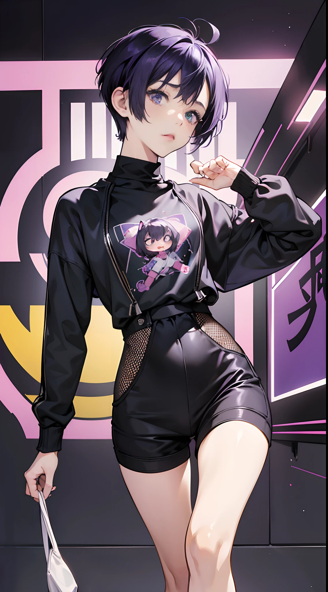 (Best Quality,4K,High resolution), girl with, Purple mesh hair on black hair, Bery short hair, disheveled short hair,  deadpan， Comical appearance，noisy，rampage，comic strip，animesque，Comical illustration，busy，Deformed cute illustration，Compact size，Small body