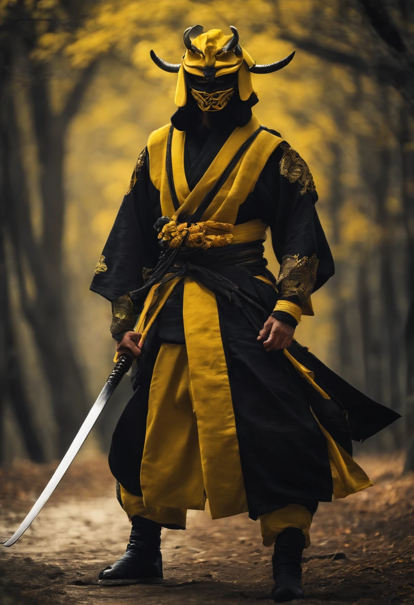 a yellow ninja with a Japanese oni mask, com uma roupa preta, menacingly
