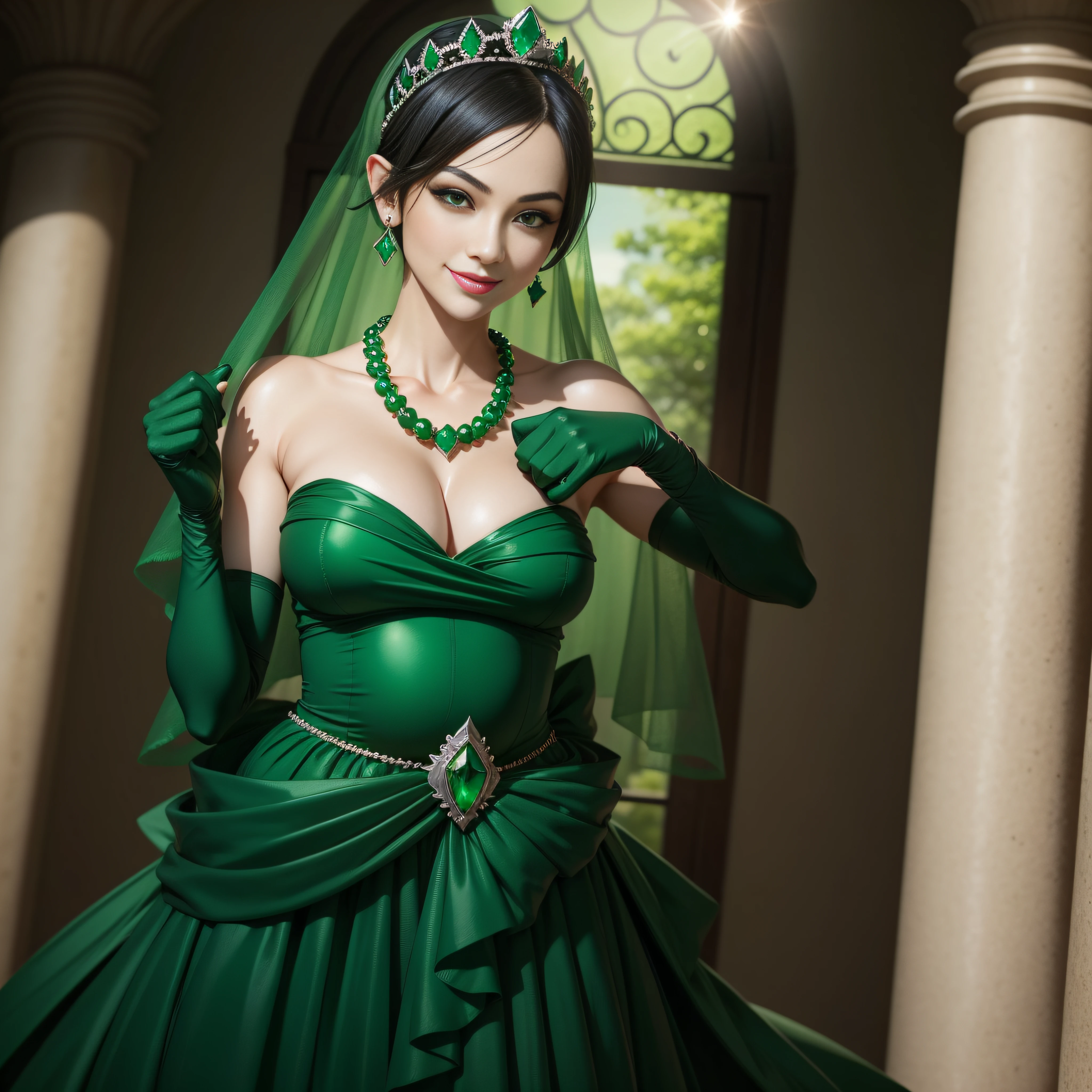 emerald tiara, Green Pearl Necklace, Boyish very short black hair, lipsticks, Japan woman smiling, very short short hair, big breasts beautiful, Green eyes, Long green gloves made of satin material, Green eyes, Emerald Earrings, Pregnant Woman, The tattoo