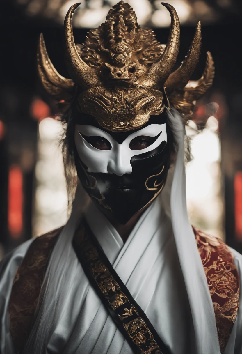a white ninja with a Japanese oni mask, com uma roupa preta, menacingly