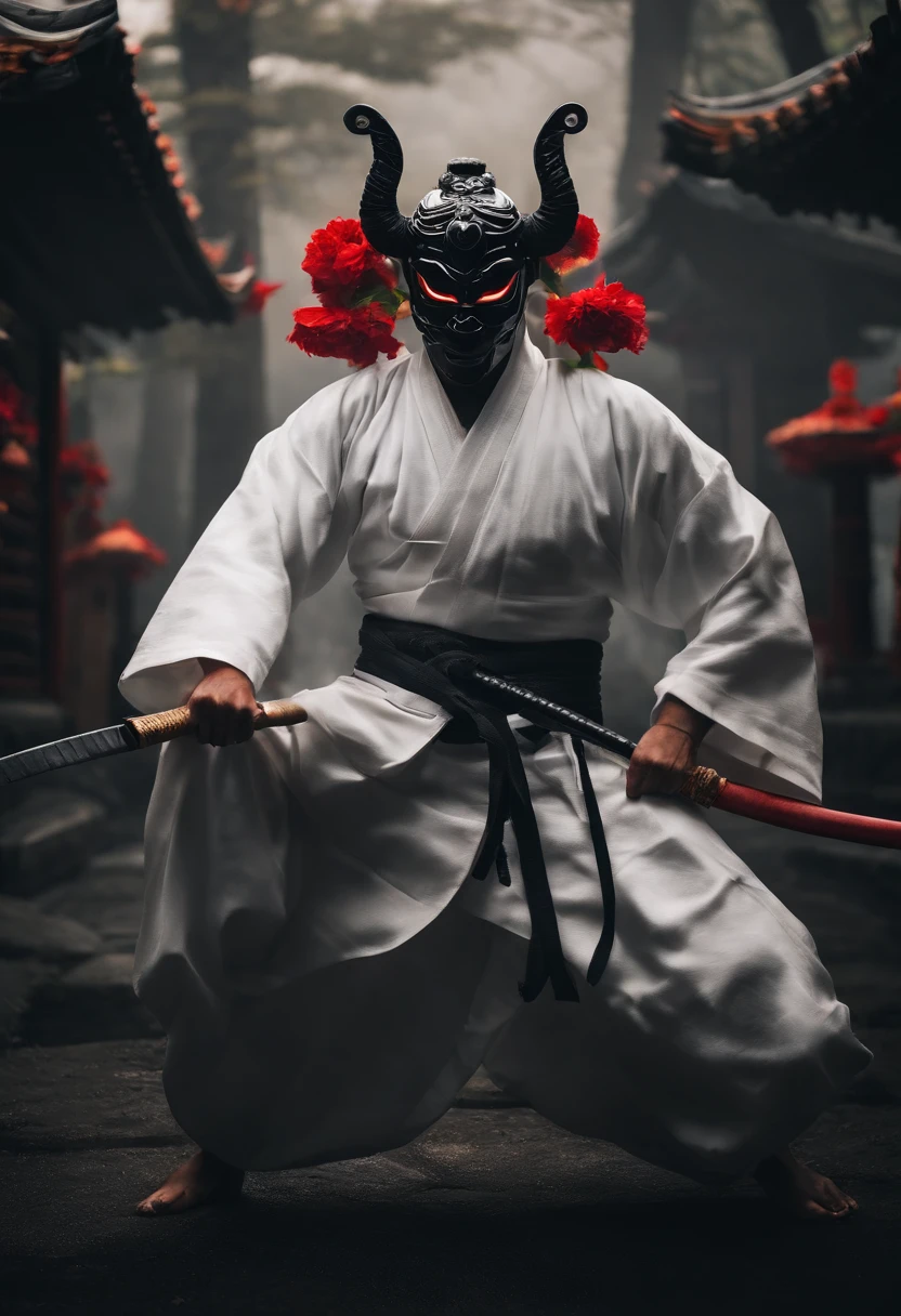 a white ninja with a Japanese oni mask, com uma roupa preta, menacingly