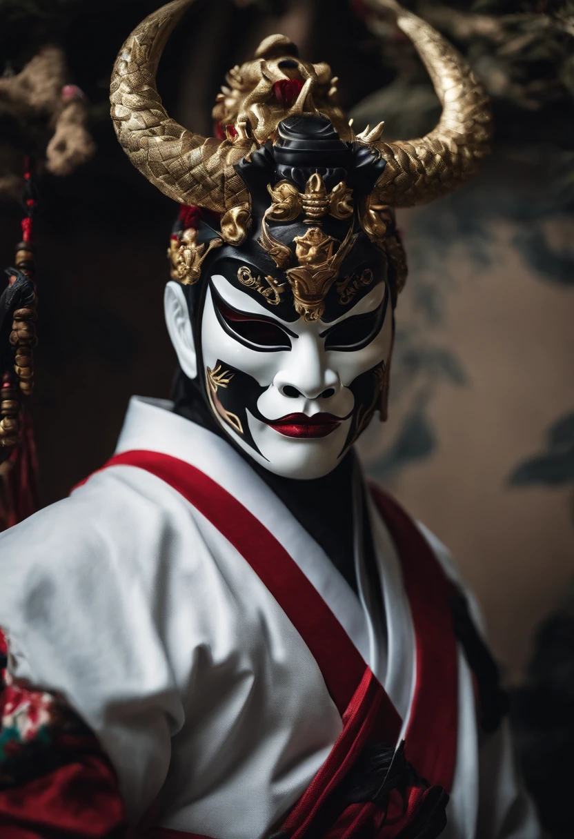 a white ninja with a Japanese oni mask, com uma roupa preta, menacingly