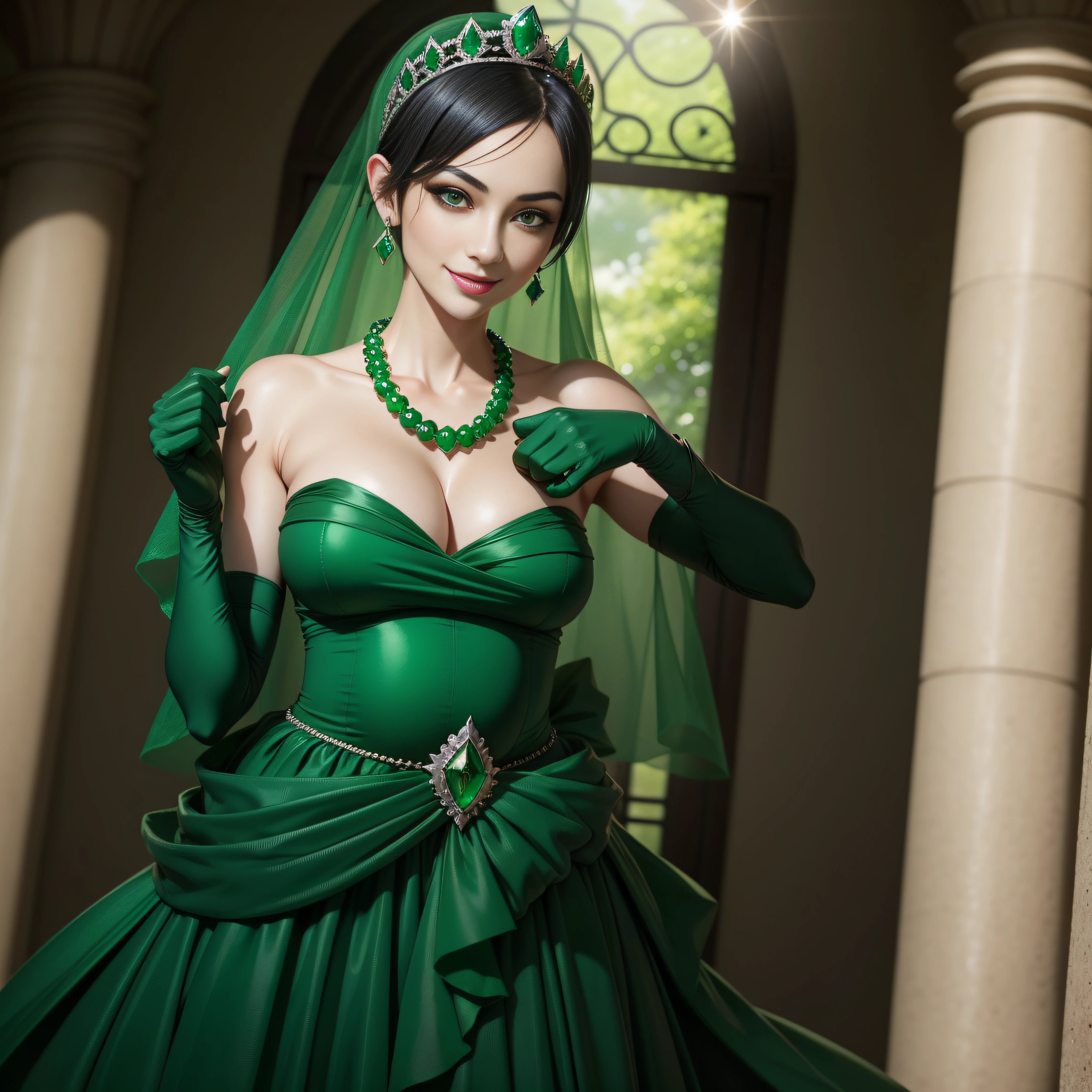 emerald tiara, Green Pearl Necklace, Boyish very short black hair, lipsticks, Japan woman smiling, very short short hair, big breasts beautiful, Green eyes, Long green gloves made of satin material, Green eyes, Emerald Earrings, Pregnant Woman, The tattoo