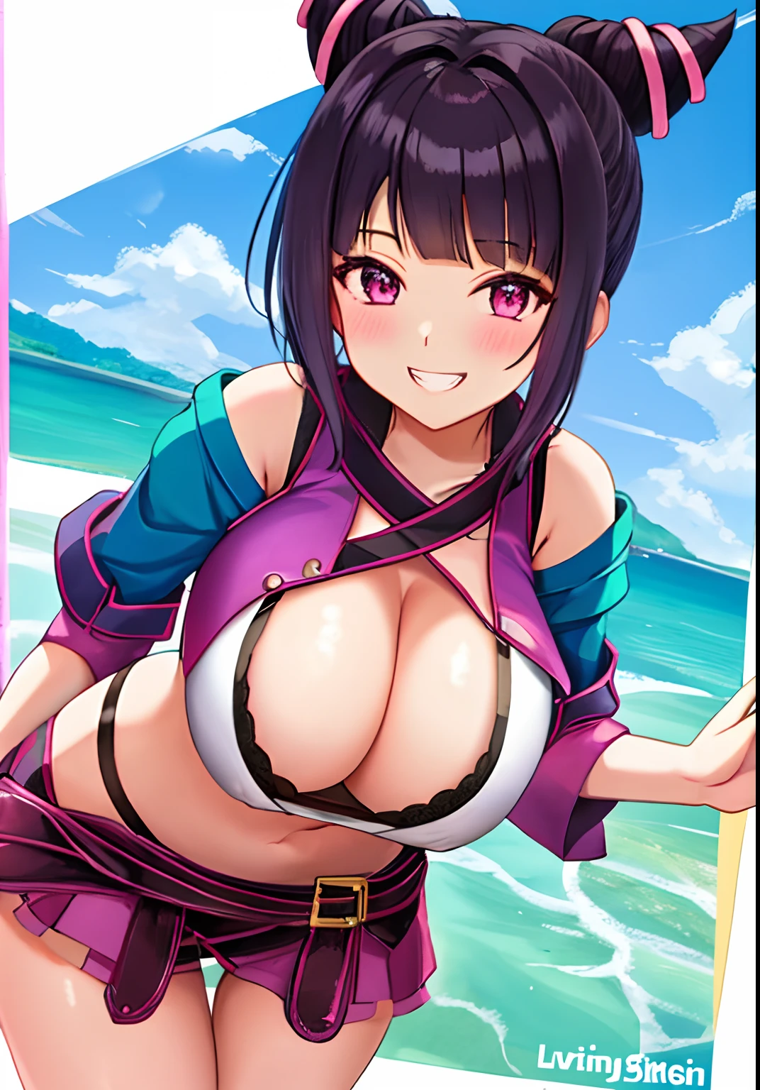 Juri Han looking down at viewer with lust, big grin, busty, curvy