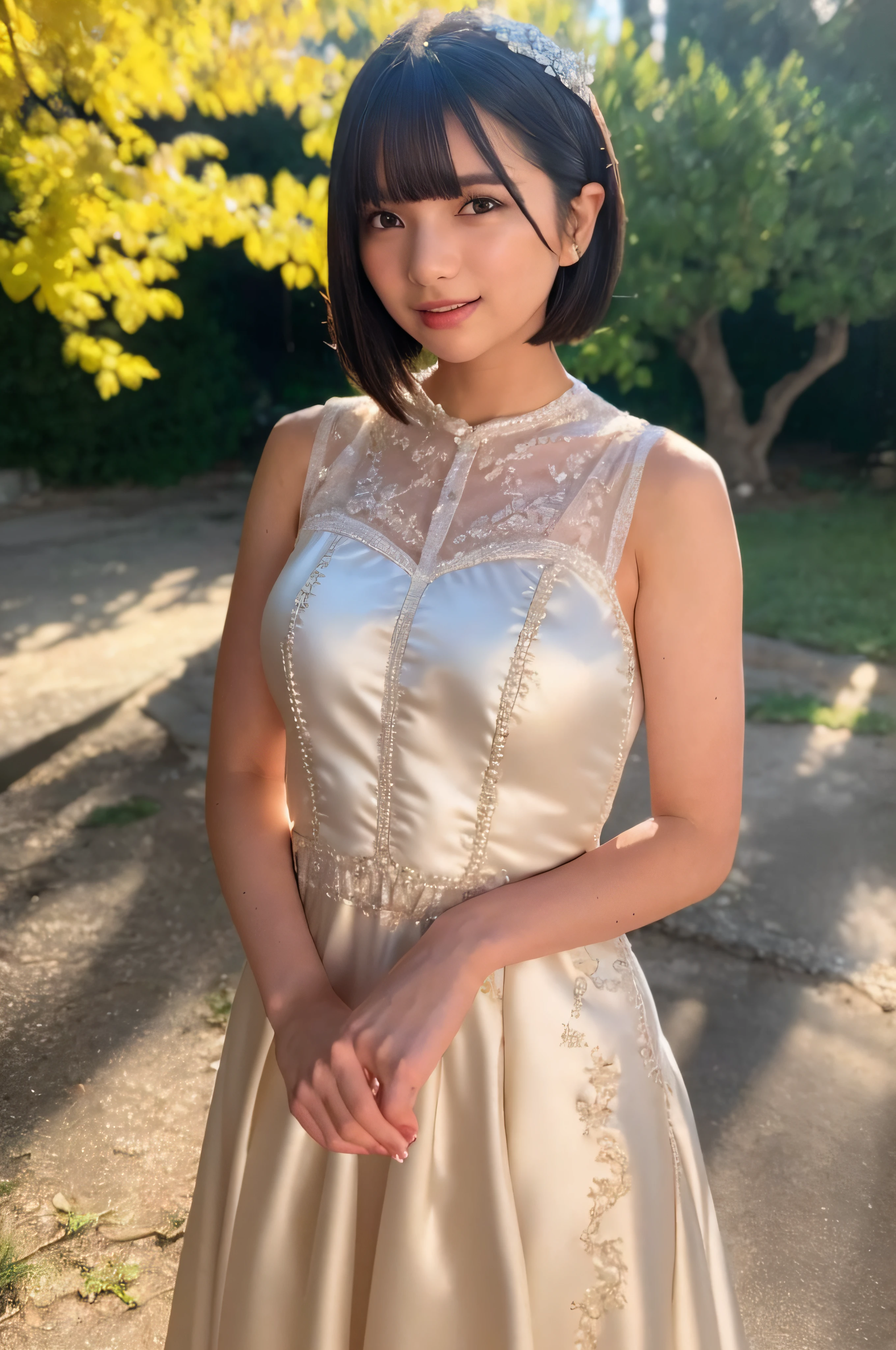1girl,(wearing a beautiful dress:1.2),(RAW photo, best quality), (realistic, photo-realistic:1.4), masterpiece, an extremely delicate and beautiful, extremely detailed, 2k wallpaper, Amazing, finely detail, extremely detailed CG unity 8k wallpaper, ultra-detailed, highres, soft light, beautiful detailed girl, extremely detailed eyes and face, beautiful detailed nose, beautiful detailed eyes,cinematic lighting,(autumn scenery),(morning light),perfect ???????,slender body,smiling (bokeh)