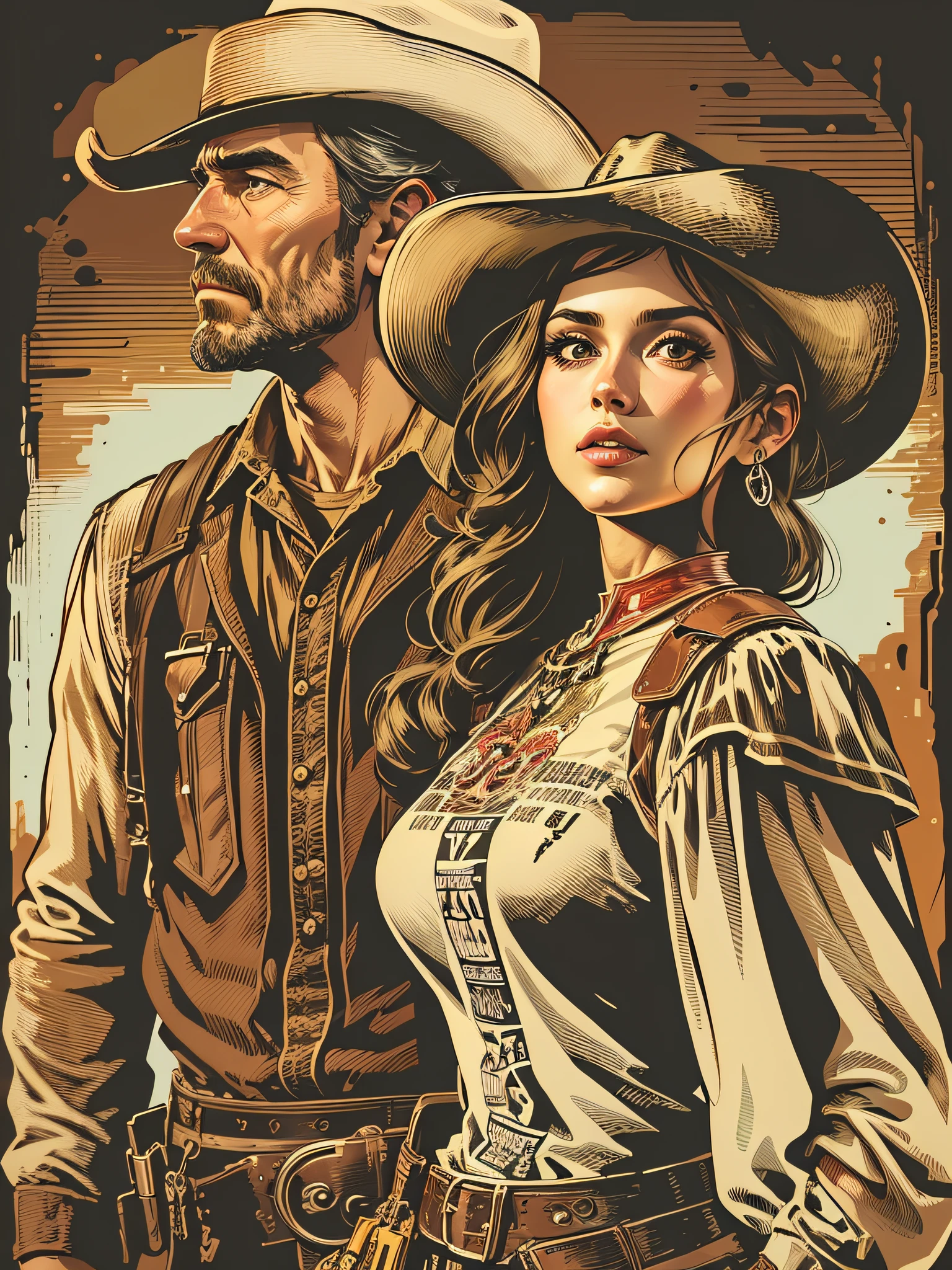 High quality design vector style image, t-shirt print style, graphic art of cowboy with a lady by his side white background realistic colors, american old west scene in salon, vector image.