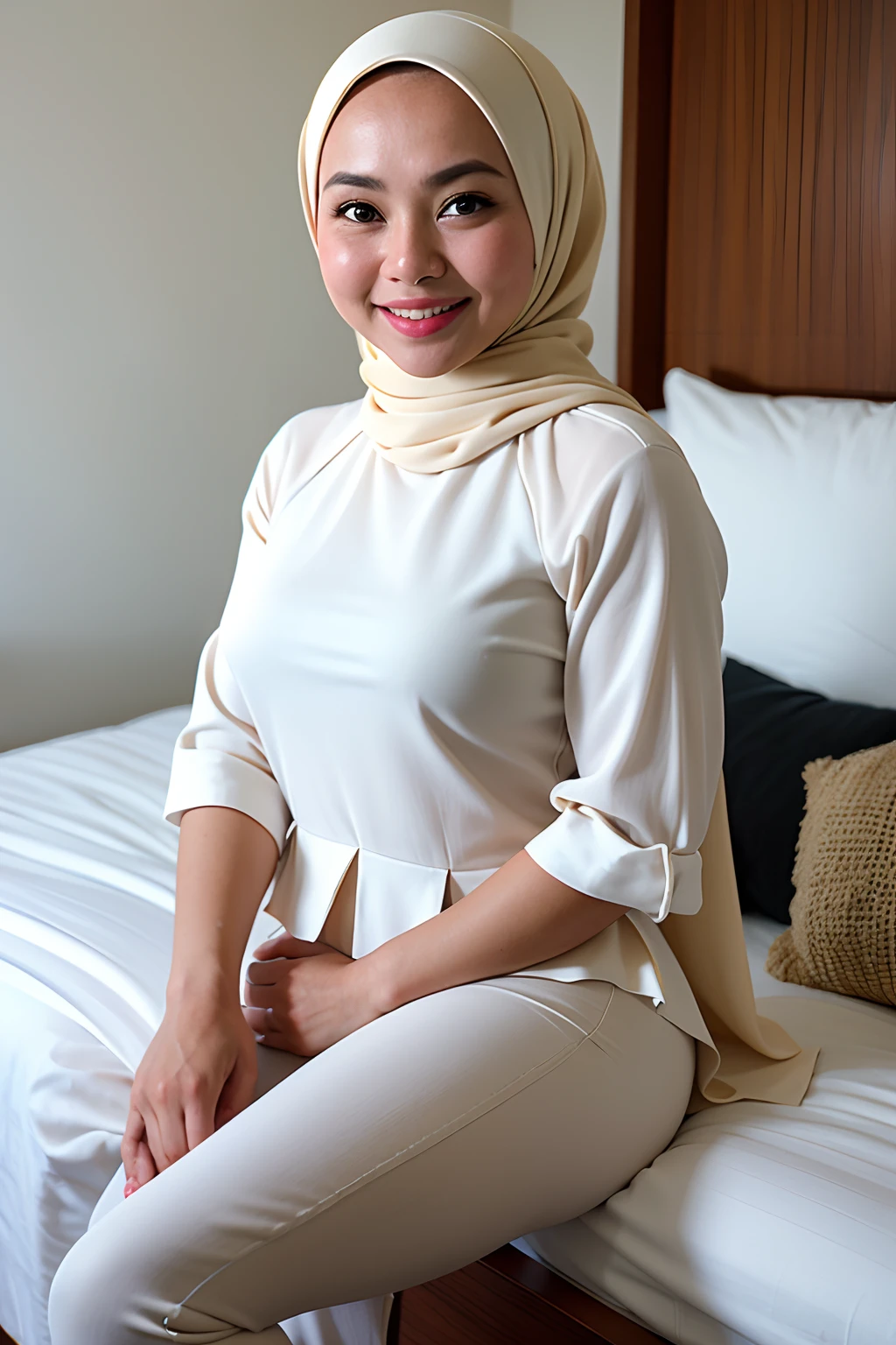 1 malay girl , modern plain cream hijab, smile, medium portrait shot , watery  eyes , wear white peplum dress and cream high waist pants, white modern hotel bedroom background, bright front light, breast grab pose,