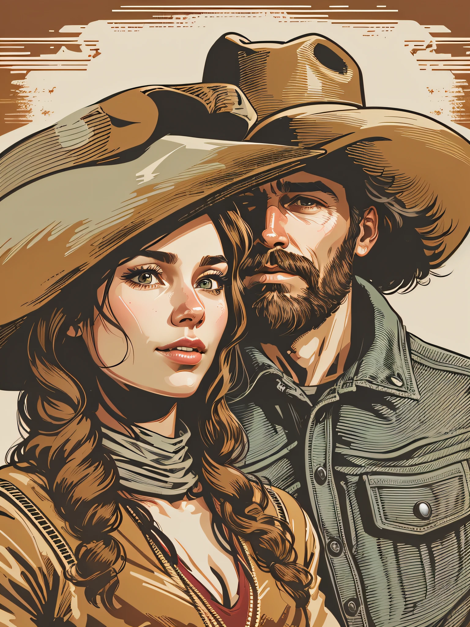 High quality design vector style image, t-shirt print style, graphic art of cowboy with a lady by his side white background realistic colors, american old west scene in salon, vector image.