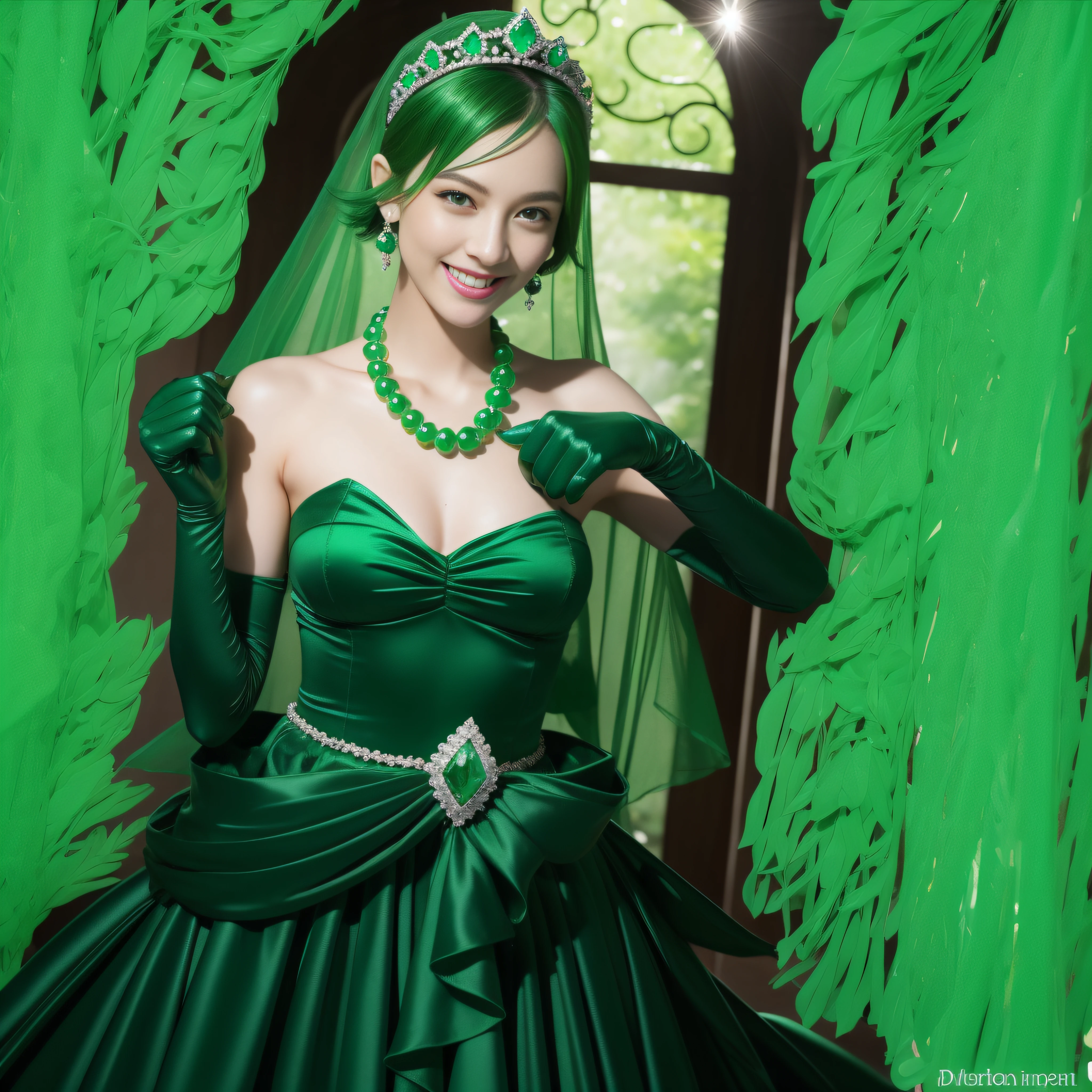emerald tiara, Green Pearl Necklace, Boyish very short green hair, lipsticks, Japan woman smiling, very short short hair, fist, big breasts beautiful, Green eyes, Long green gloves made of satin material, Green eyes, Emerald Earrings