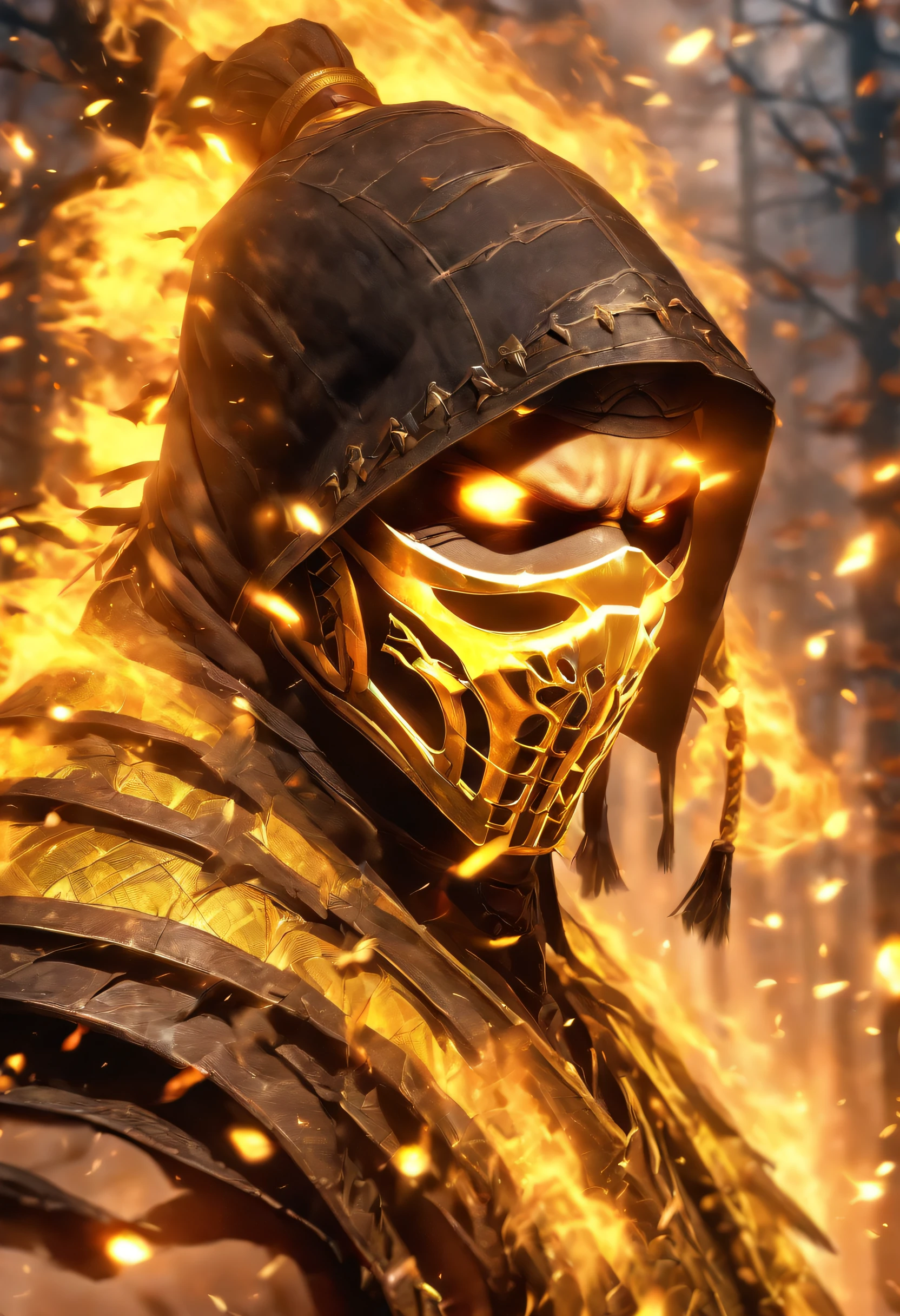 Mortal Kombat Scorpion, white eyes, classic mask, movie 1995, comes out of the forest in the fog, atmosphere of darkness and horror, in the style of illusory portraits, modular, uhd, --ar 71:118 --s 750 --niji 5