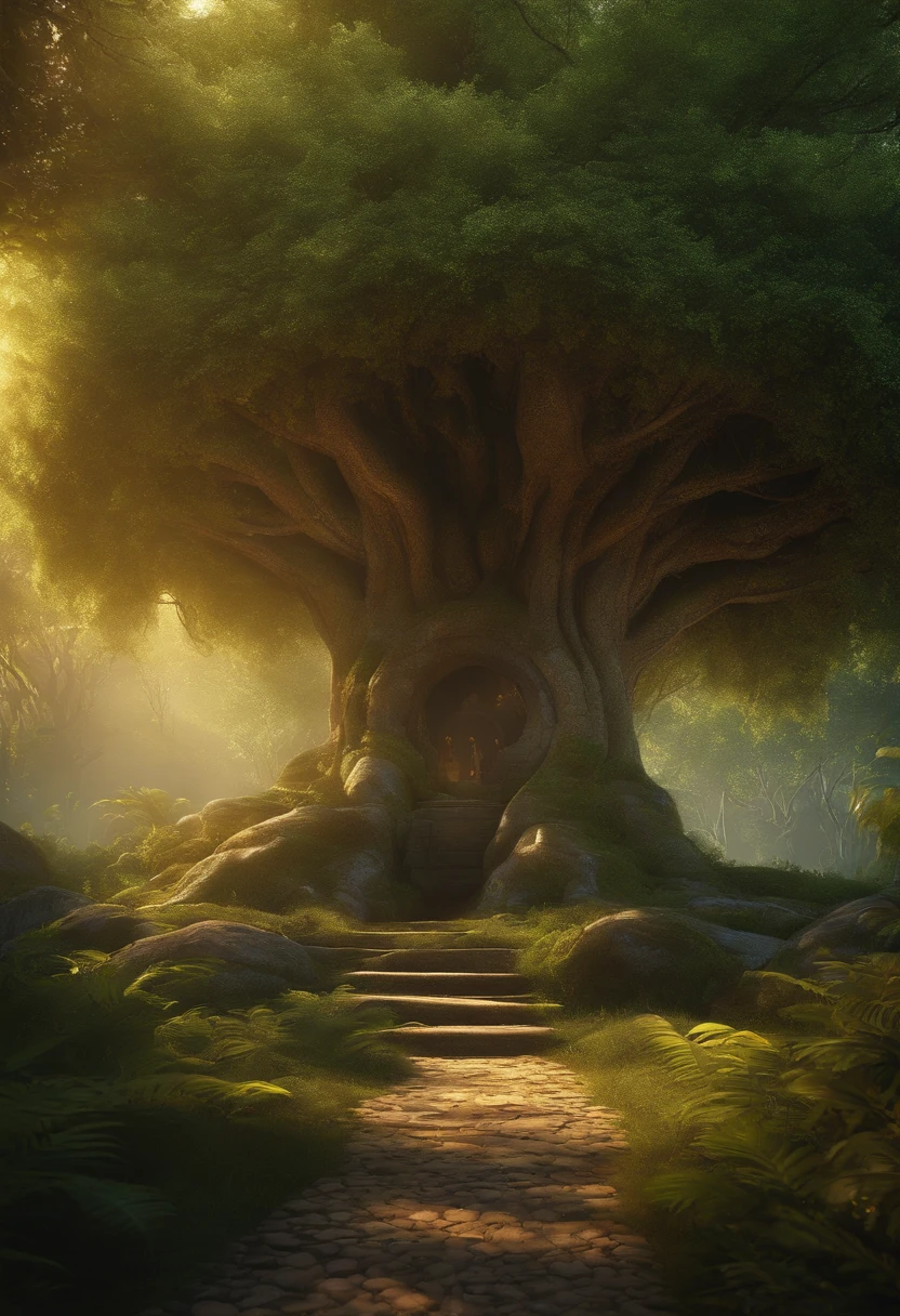 a portal where when passing it fall gold coins in a paradisiacal landscape. The portal is surrounded by branches and roots