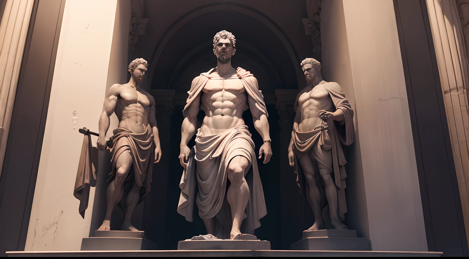 Stoic statue, with an expression of anger, usando manto e tunica longo sobre todo o corpo, Noite escura, ao ceu aberto, 35 mm, lateralmente, Filmado em Sony A7S III com Sony FE 35mm f/1.8, 12.1 MP, --AR 3:2 --estilo cru