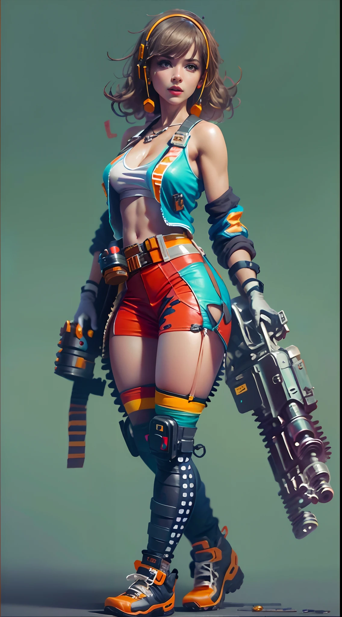 motor irreal:1.4,CG ultra realista 64K, fotorrealista:1.4, textura de la piel:1.4, obra 1girl,gatling gun, shell casing, looking at viewer, bangs, ammunition belt, gloves,breasts,firing,
extreme detailed,highest detailed, optical mixing, playful patterns, lively texture, unique visual effect,o cyberpunk color amarillo, pantimedias red , mini skirt blue,