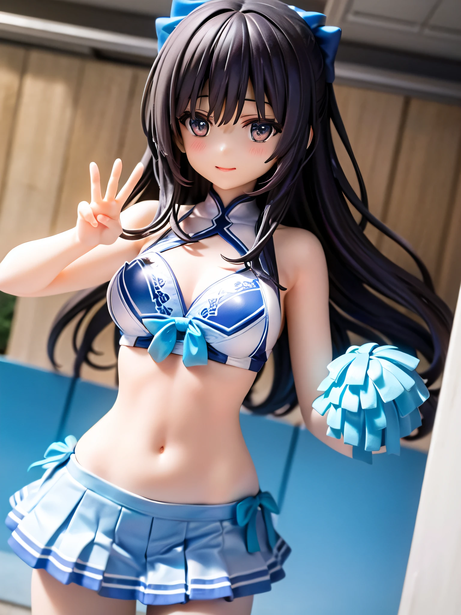 （Erotic Cheerleader:1.3）、(Outside the stadium:1.0)、(tiny chest:1.1)、extremely delicate and beautiful,visual impact, grow,The ultra -The high-definition, Raw photography, top-quality, hight resolution, (​masterpiece), (Photorealsitic:1.4), Anime Cosplay, foco nítido, nffsw,Unity 8k壁纸, intricate detailes, depth of fields,nffsw,amazing, contour deepening,front lit,（Oil Highlights：1.4）, girl with, beautiful countenance、Very detailed background,ssmile、(A slender:1.5)、Cheerleader posing with pom-pom in hand、maikurobikini