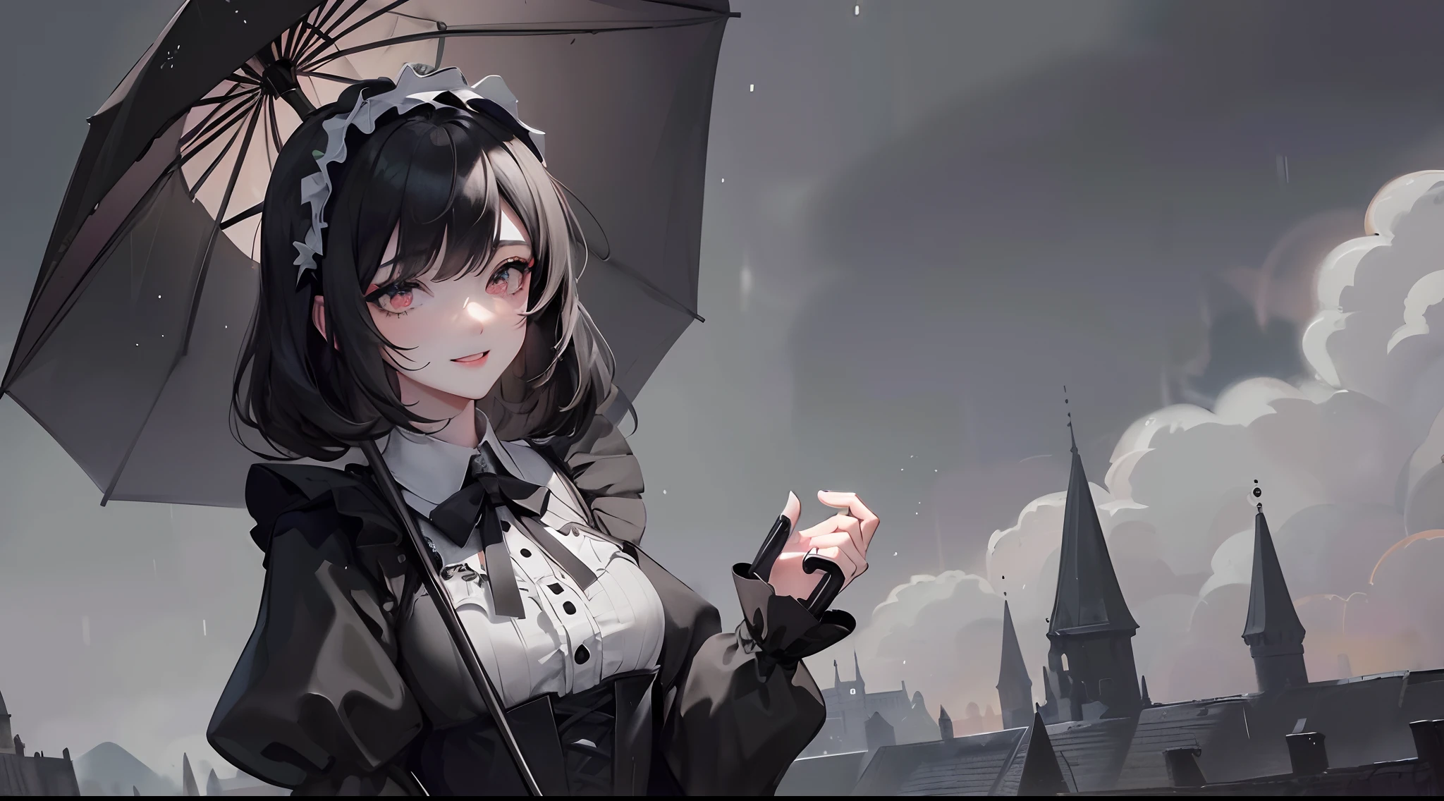 masterpiece, ultra detailed, ((1girl)), solo, black hair, hairband, gothic ta, gothic style, black and white dress, maid dress, looking at viewer, smile, ((umbrella in hand)), meadow, (storm background), (castle far in the background), (very dark sky), (raining), (thunder), black blizzard