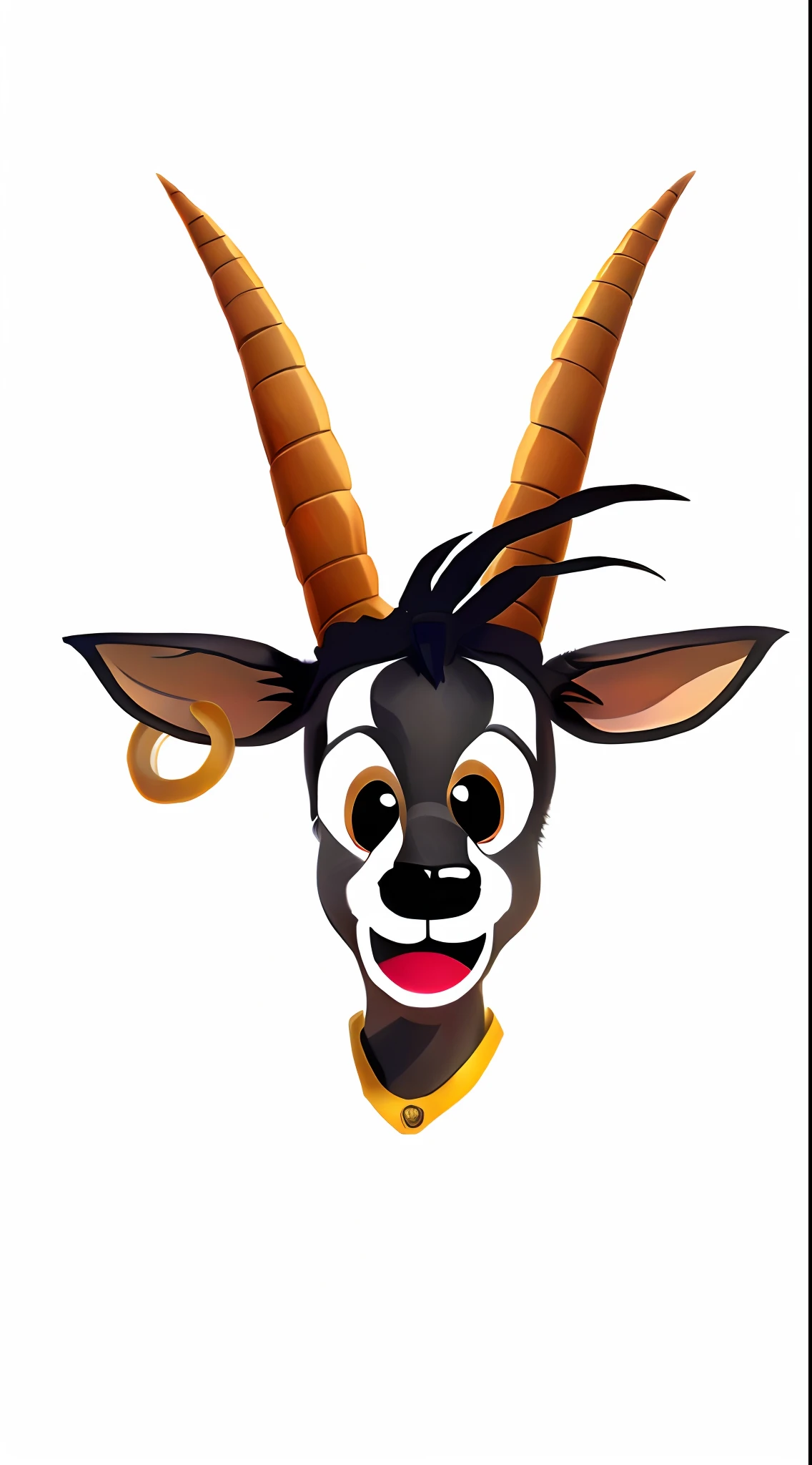 There is a goat with horns and a yellow collar, cauda longa com chifres, an anthropomorphic deer, Mascot illustration, com chifres, Goat horns on the head, "Retrato de um animal de desenho animado, anthropomorphic deer, horned, um chifre, com chifres pretos em vez de orelhas, chifres brancos das sobrancelhas, anthropomorphic female deer