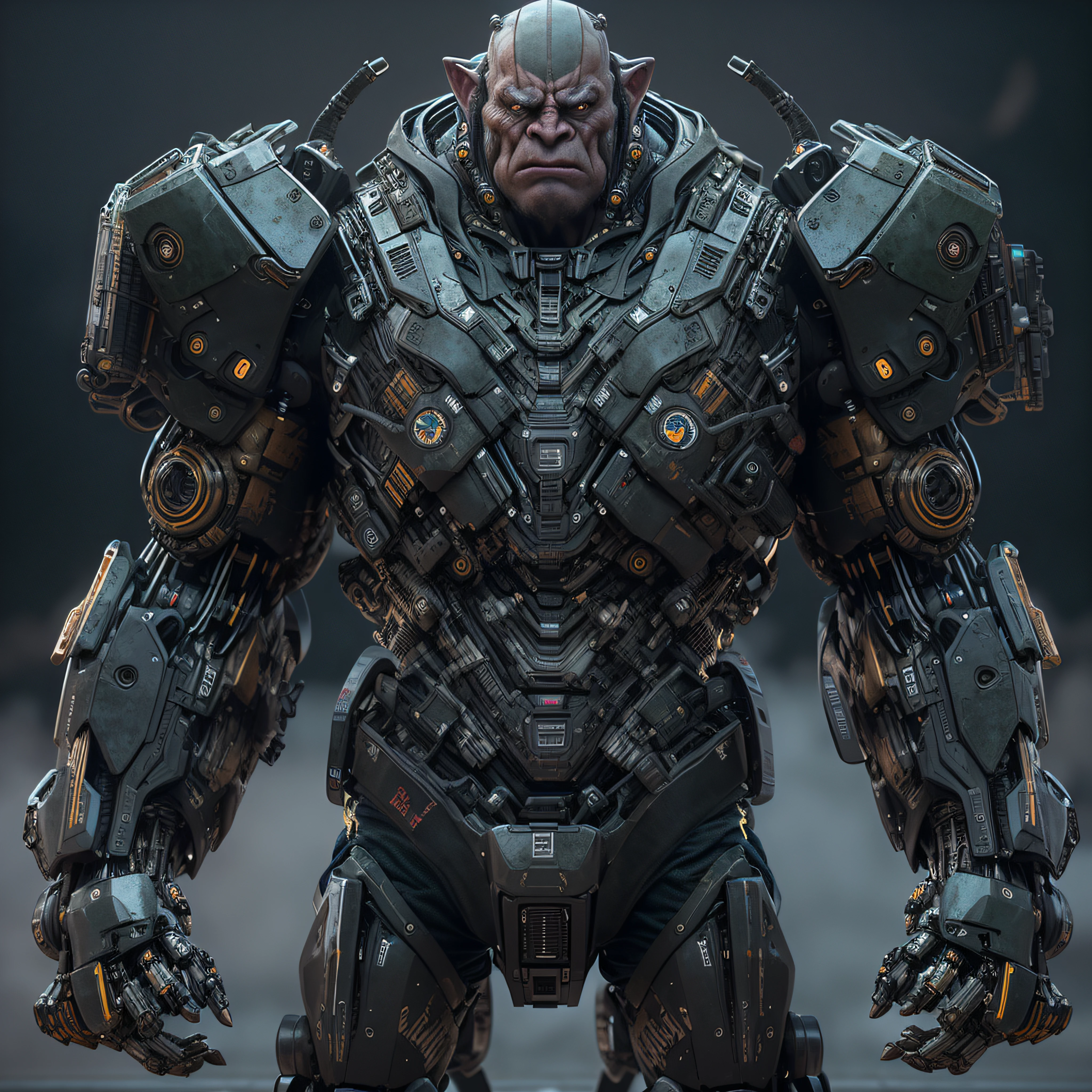 masterpiece, best quality, 1boy, orc, male focus, mecha, robot, science fiction, solo, black background, photo-realistic, octane render, unreal engine, ultra-realistic