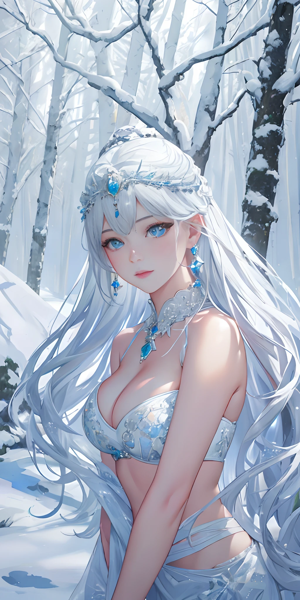 snow forest as background, fashion model posing, (photorealistic:1.4), (masterpiece, front lighting, finely detailed beautiful eyes: 1.2), masterpiece*portrait, realistic, 3d face, glowing eyes, shiny hair, lustrous skin, solo, embarrassed, (midriff), absolute_cleavage, necklace, sapphire_earrings