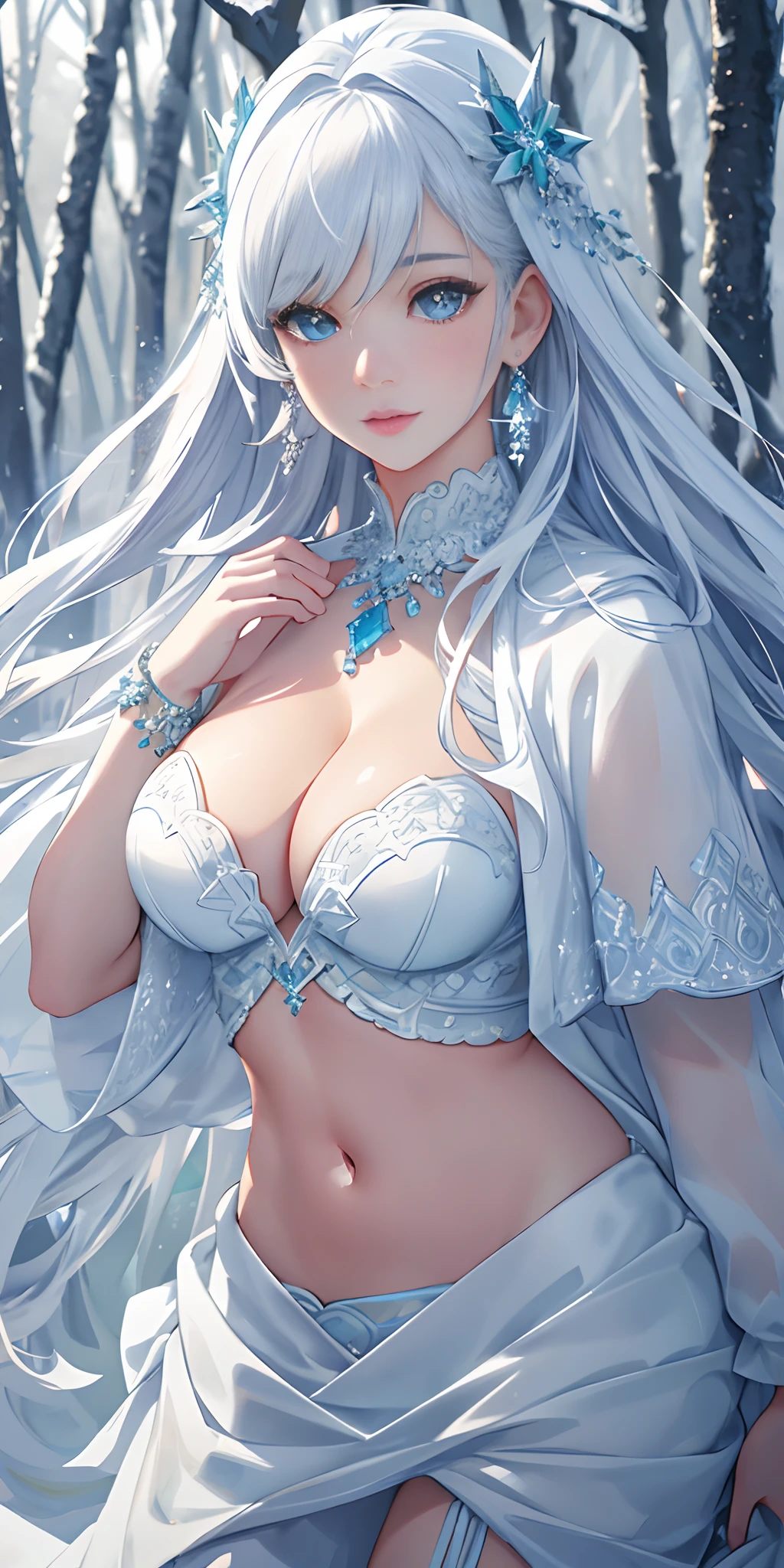 snow forest as background, fashion model posing, (photorealistic:1.4), (masterpiece, front lighting, finely detailed beautiful eyes: 1.2), masterpiece*portrait, realistic, 3d face, glowing eyes, shiny hair, lustrous skin, solo, embarrassed, (midriff), absolute_cleavage, necklace, sapphire_earrings
