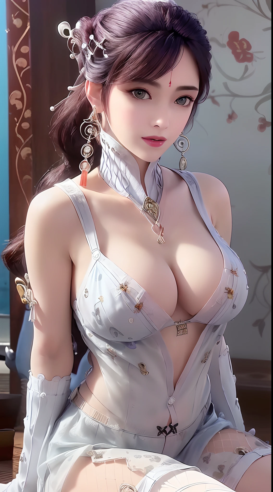 (((1 beautiful girl Wear super sexy invisible no colorlingerie:2))), ((Girl wearing sexy white thong underwear:2)), super beautiful nipple, style naked, ((wearing white stockings with sexy invisible patterns:2)), ((long black hair:1.8)), bangs, elaborate jewelry made from precious stones and beautiful hair, the noble, noble style of an extremely girl beautiful, very pretty and lovely face, ((bright face:1.2)), very pretty face, thin eyebrows, eyes are so beautiful and perfect, flawless beautiful face, ((black pupil: 0.8)), very beautiful eyes, ((eyes silver: 1.5)), ((light purple eyeshadow makeup is very attractive and devilish:1)), beautiful makeup and detailed hairdo, eyelashes, steamy eye makeup, high nose, earrings, plump red lips, beautiful and balanced lips, ((closed mouth: 1.5)), slim hands, beautiful thighs best, ((Sitting position, chest puffed out and arms behind: 1.6)), ((unbutton the girl's shirt:1.6)), ashamed, rosy face, clean face, flawless beautiful face, smooth white skin, (big breasts: 1.3)), ((high breasts: 1.6)), firm breasts, beautiful cleavage, (((big and super round breasts: 1.5))), ((super tight breasts: 1.5)), beautiful breasts, busty breasts, perfect body, thrust your chest forward, 8k photo, super high quality, hyper realistic, super 10x pixels, optical, studio bright, edge bright, two-tone lighting, (high detail skin: 1.2), super 8k, soft light, high quality, volumetric light, optical, high resolution optical, light, best photo, 8k quality, smooth sharpness, (((bright white skin, super bright background: 1.2))), (((super bright skin:1.5))), bright colors harmonious light, ((red flower background:1.5)), aurora, lightning, surreal graphics, most realistic graphics, alone, solo, Extremely sharp, surreal images, look at the beautiful girl's body, (((frontal portrait: 1.2)))."