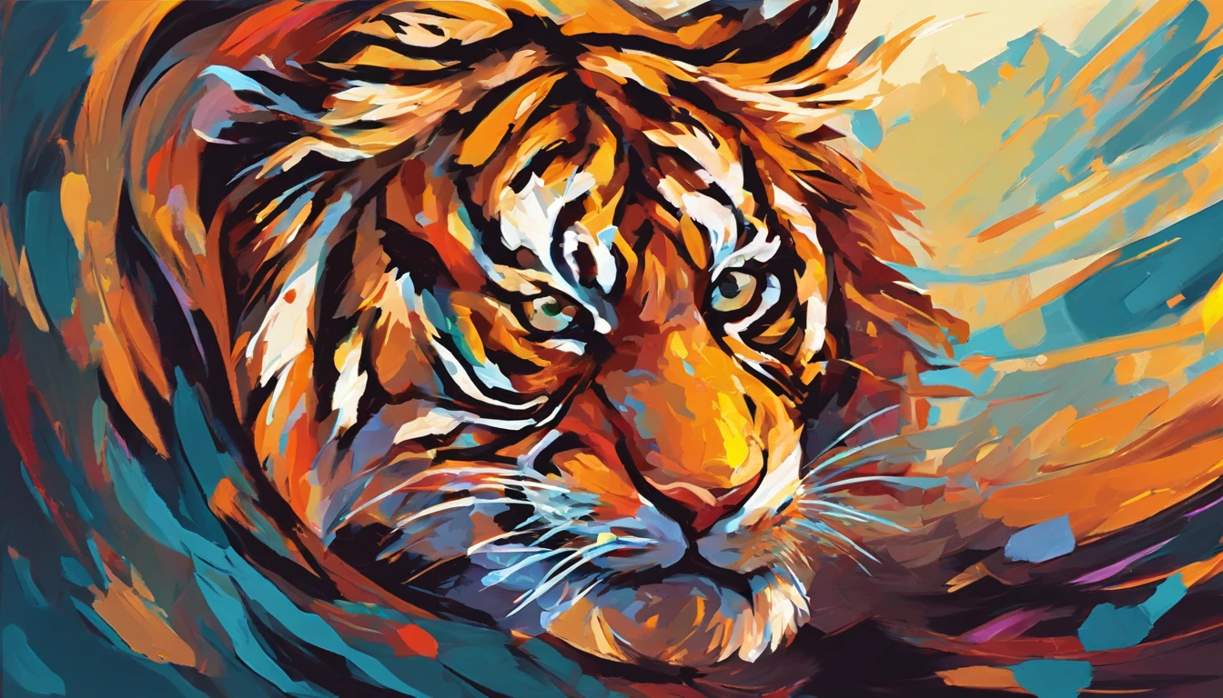 Impasto Oil painting , matt color grading, roaring tiger, closed up of roaring tiger