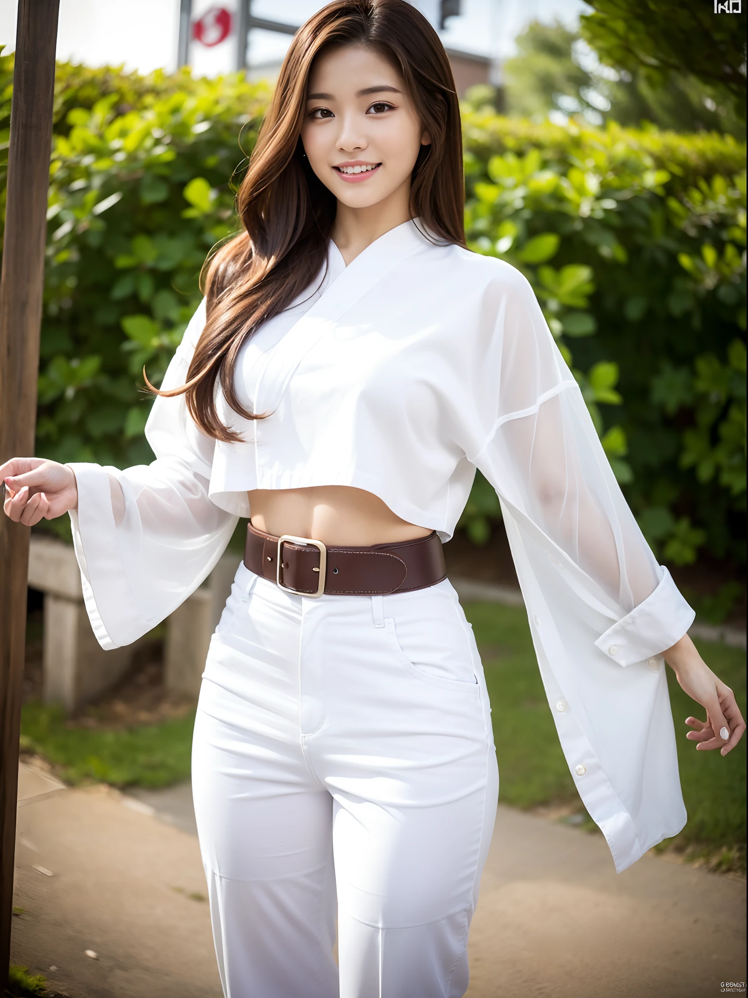 (Photorealsitic)(), Beautuful Women, (8K Beauty Full Body Portrait), Colossal tits,Stand alone, White karate uniform with no stomach visible, White Hand Belt, White karate pants, Perfect facial detail, attractive beautiful face, 二重まぶた, Beautiful detailed eyes, long eyeslashes, (Smile: 1.15), ligh brown hair, Hair that does not fall on the shoulders, TOKYOcty,1 female, Toned waist, Beautiful thin legs, toned ankles, bare-legged ,