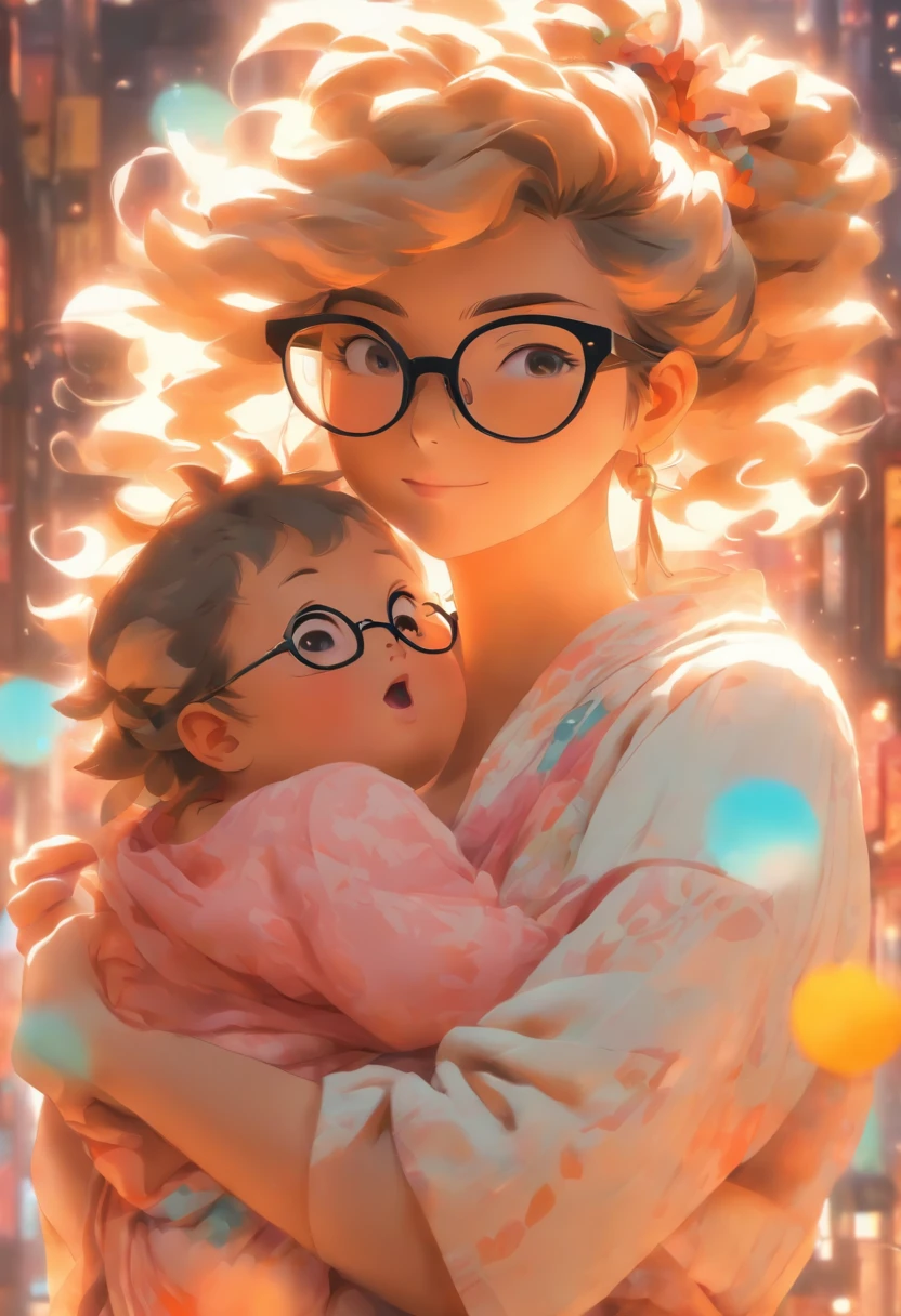 Teenage mother wearing glasses、komono、Holding the baby