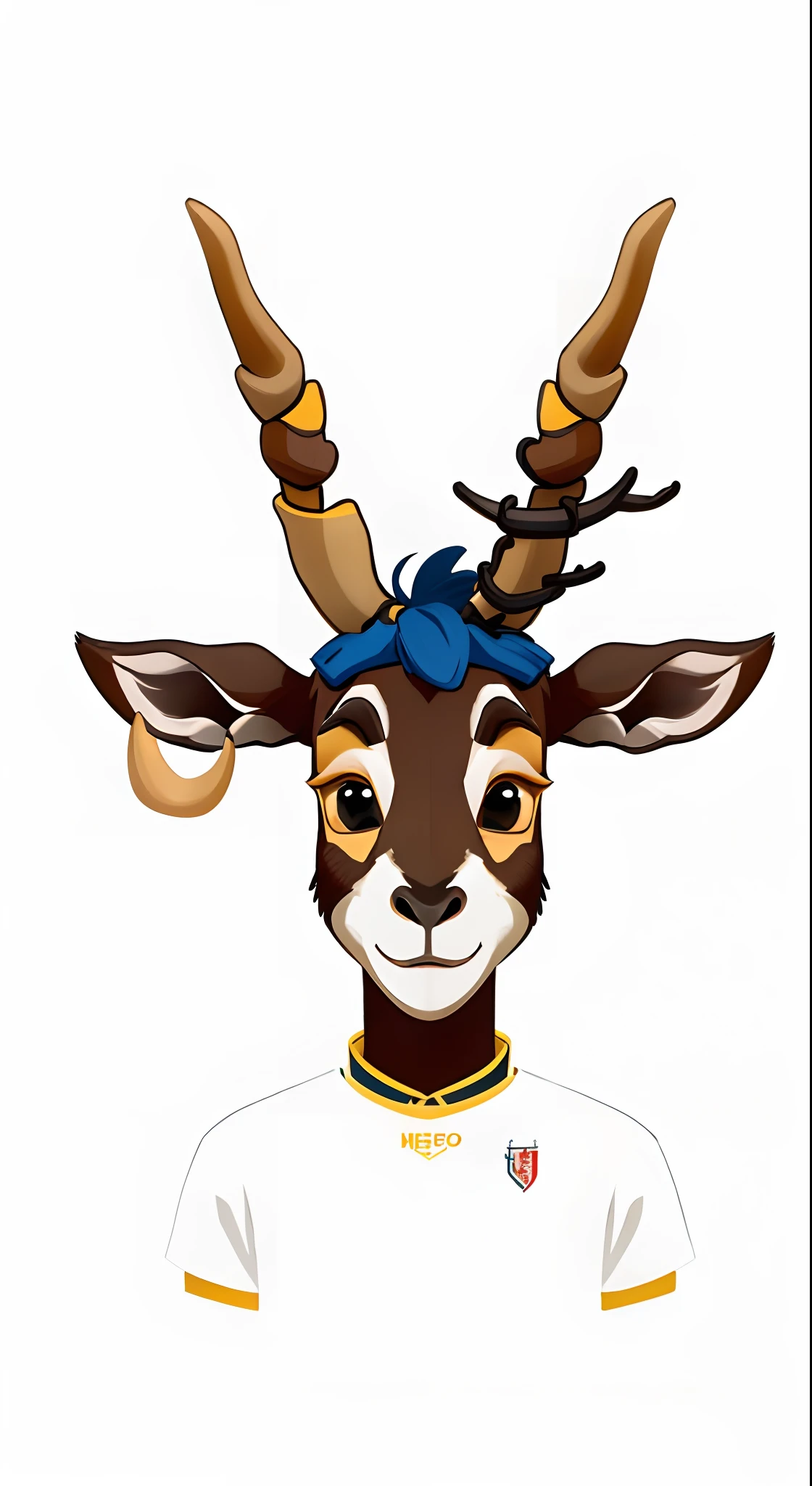 There is a goat with horns and a yellow collar, cauda longa com chifres, com chifres, an anthropomorphic deer, horned, "Retrato de um animal de desenho animado, um chifre, tem chifres: um afiado, chifres brancos das sobrancelhas, anthropomorphic deer, Goat horns on the head, com chifres pretos em vez de orelhas, Mascot illustration, animal style head