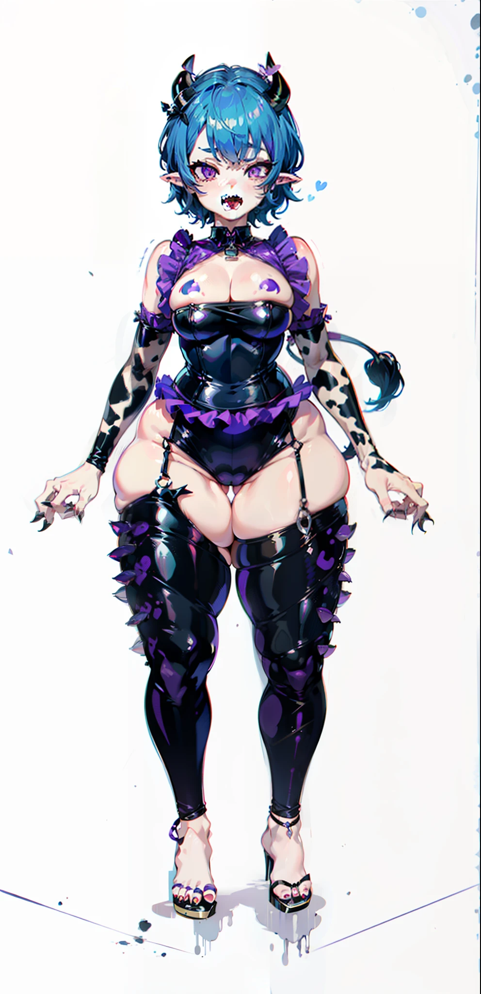 Femboy, Short Blue Hair, Purple Eyes, Thick Thighs, Large Buttocks, Sharp Teeth, Large Cow-like Horns, Black Spots, Cute cow Tail, Tough Skin, Extendable/Retractable Primary Teeth, sharp teeth, cow skin, sharp fangs, stripper clothing, hooves, claws