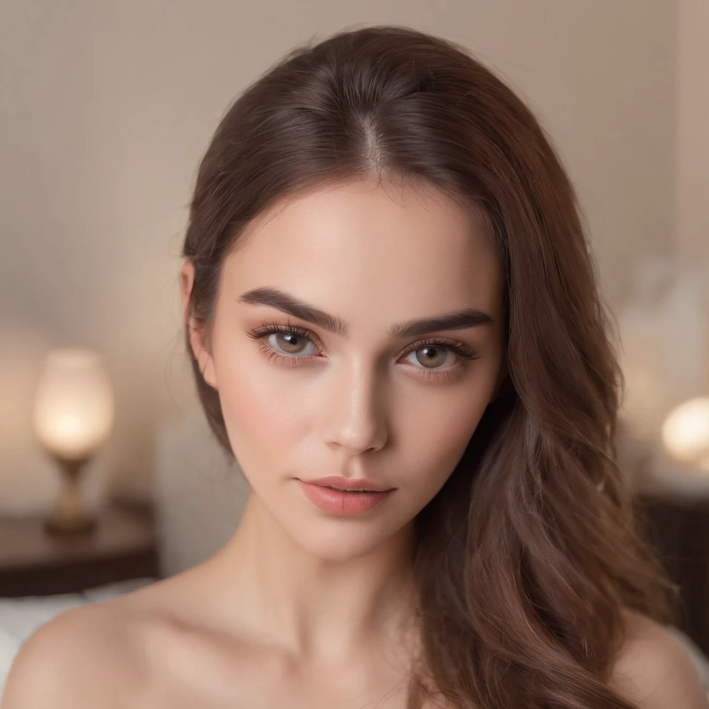 Create an ultra-realistic photo of a young brunette woman with green eyes, standing 1.55 m tall and weighing 45 kilos. She's naked on her bed, masturbating with great pleasure. Her green eyes are very expressive and captivating. Her eyebrows are dark and well defined, arching gracefully above her eyes. Her long, dark lashes enhance the depth of her gaze. Her nose is fine and well-proportioned. Her lips are full and naturally pink, slightly parted in a relaxed expression. Her complexion is flawless, with a natural, warm hue. Her brown hair gently frames her face, a few strands falling naturally. The lighting should enhance her facial features, bringing out her eyes, lips and complexion.