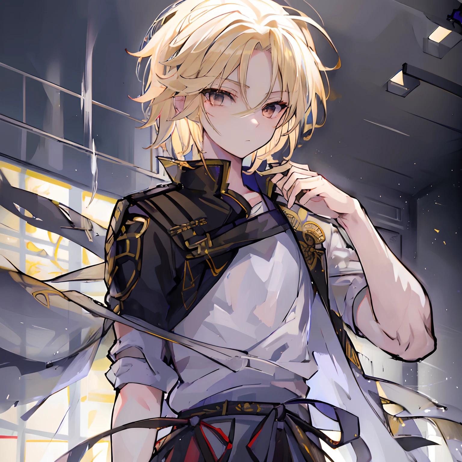 (absurdres, highres, ultra detailed, HDR), masterpiece, best quality, 1 boy , hakuoki character, short mullet light blonde hair, handsome face, detailed interior, detailed character, yellow colored eyes, sharp eyes