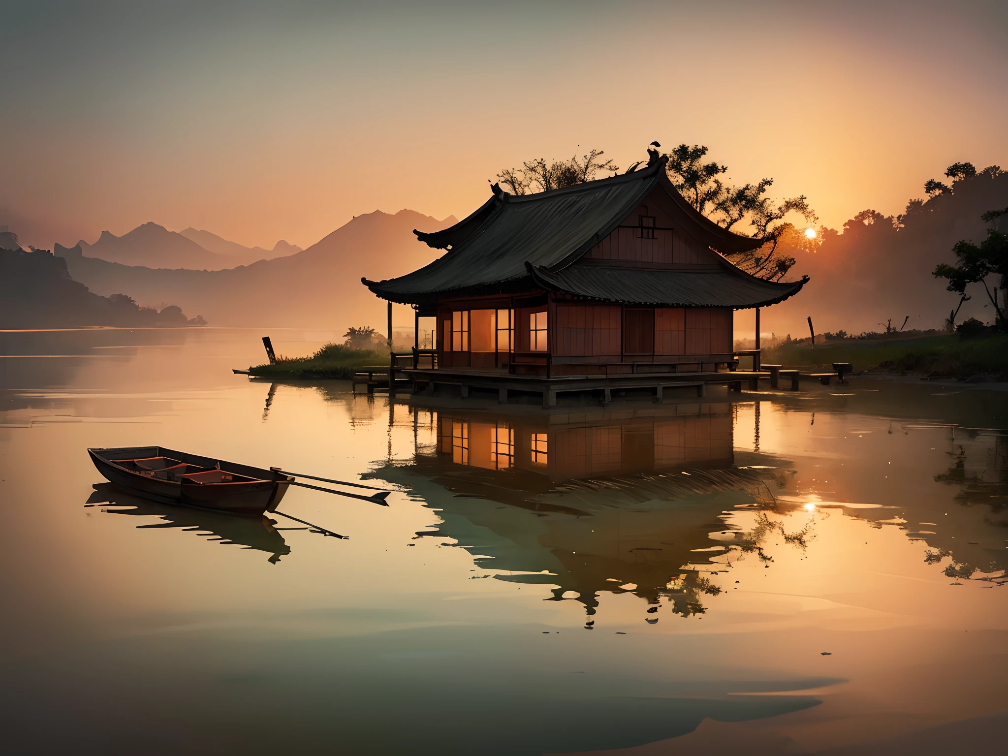 muted Chinese ink painting, muted colors, rice paper texture, splash paint, Ninh Binh town, boat, red sun, Old cottage. Lakeside. Morning light. Clouds wet to wet techniques.