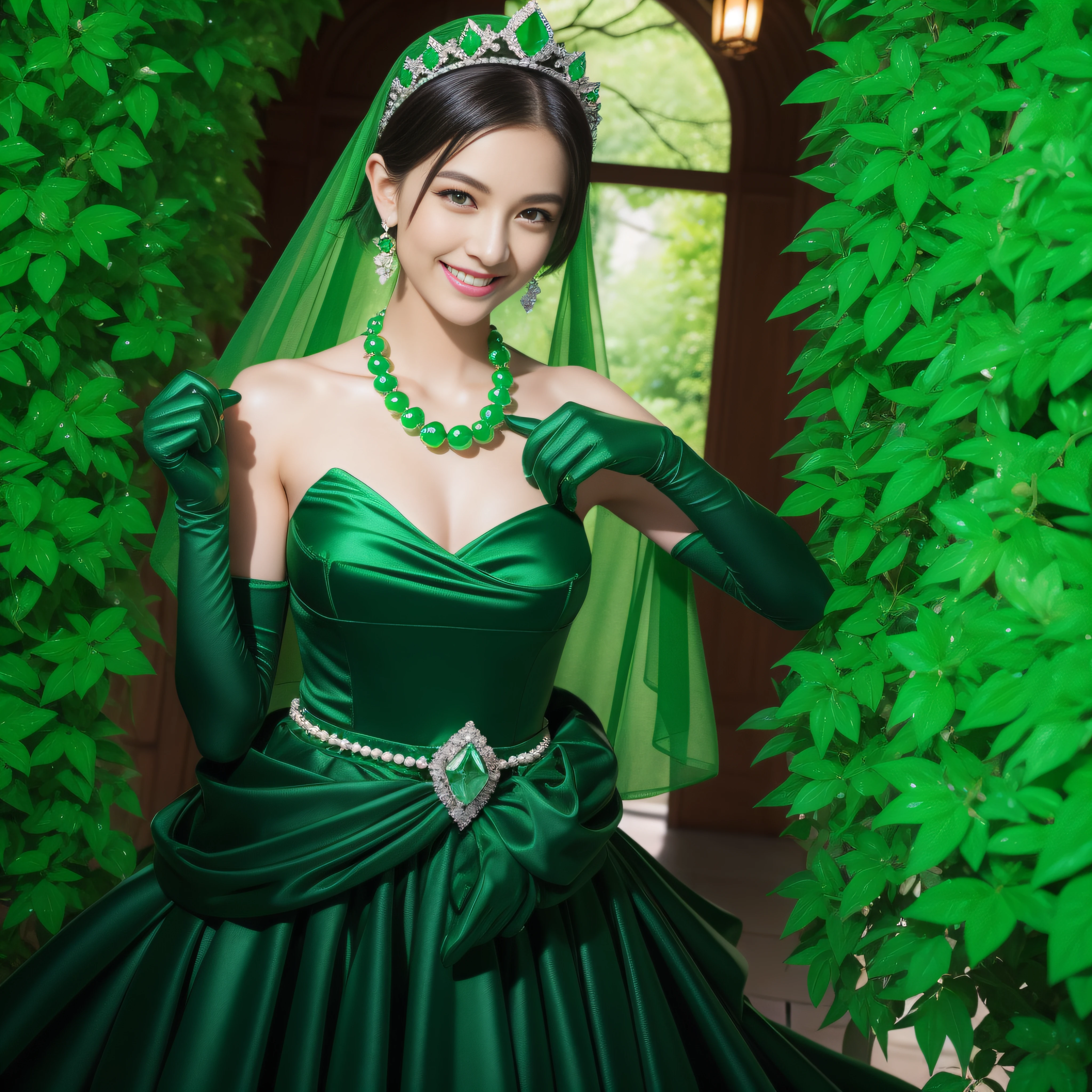 emerald tiara, Green Pearl Necklace, Boyish very short black hair, lipsticks, Japan woman smiling, very short short hair, fist, ??????????? beautiful, Green eyes, Long green gloves made of satin material, Green eyes, Emerald Earrings