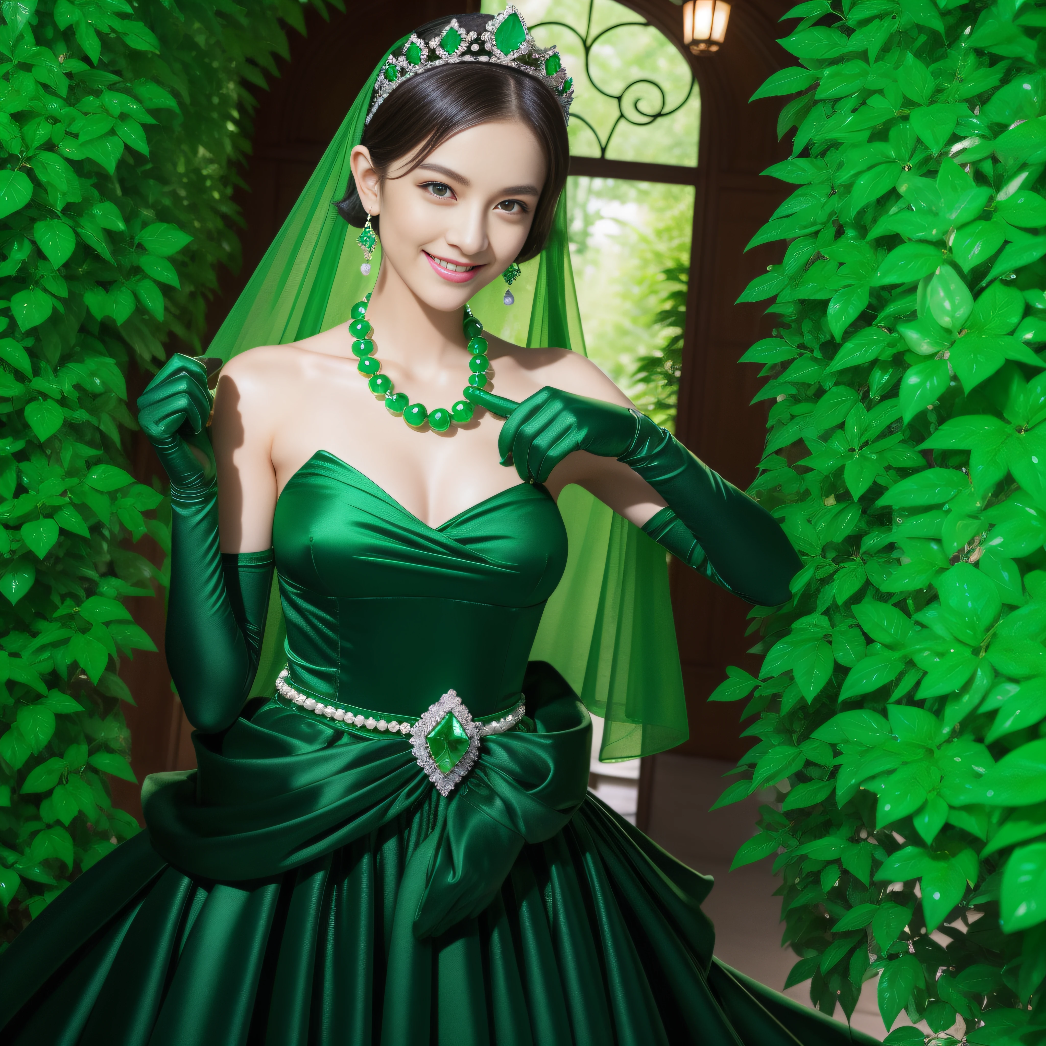 emerald tiara, Green Pearl Necklace, Boyish very short black hair, lipsticks, Japan woman smiling, very short short hair, fist, big breasts beautiful, Green eyes, Long green gloves made of satin material, Green eyes, Emerald Earrings