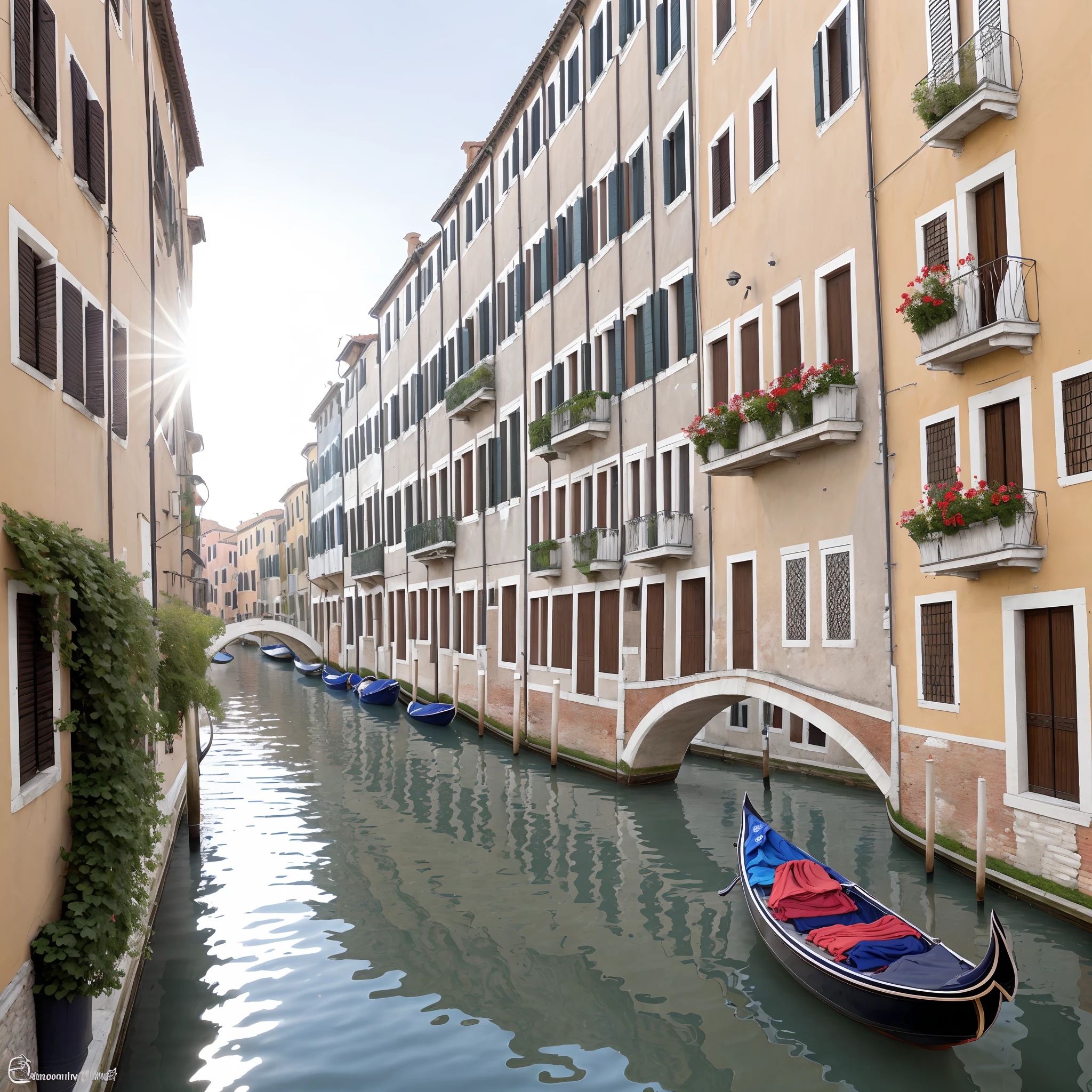 On the path in the canals of Venetian Italy, Beautiful raking sunlight, Apartments with colorful balconies, Flowers, laundry hanging, bridges, Realistic gondolas, Cinematic lighting, volumetric, Möbius & Alphonse Mucha's Spotted Sunlight & Roger Deakins Bokeh DOF Defocus #aitextpromptgenerator #aitextpromptgen #Eigentools