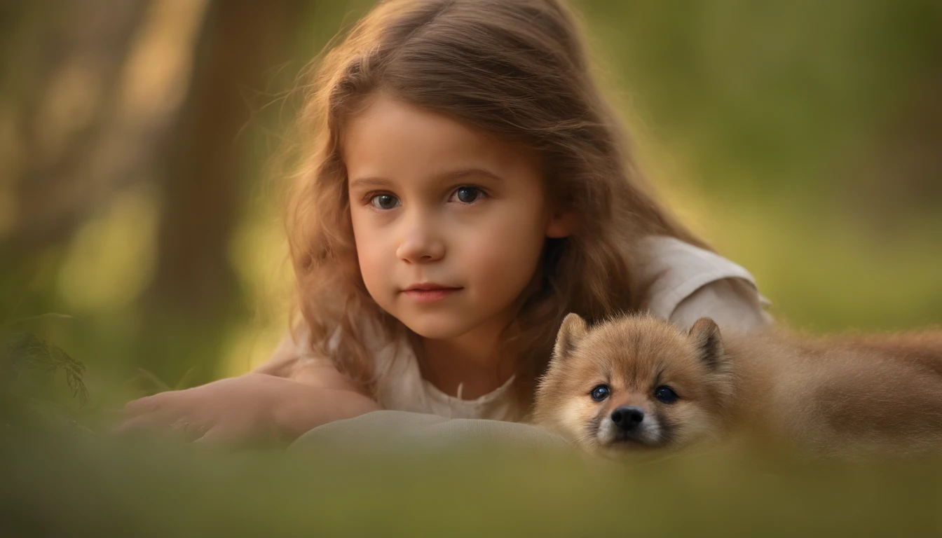 (best quality,4k,8k,highres,masterpiece:1.2),ultra-detailed,(realistic,photorealistic,photo-realistic:1.37),HDR,UHD,studio lighting,ultra-fine painting,sharp focus,physically-based rendering,extreme detail description,professional,vivid colors,bokeh,portrait,pastel colors,warm lighting,aesthetic,serene atmosphere,strong friendship between human and animal,beautiful forest,expression of innocence,curious child wondering,peaceful nature surroundings,colorful flowers,bright sunshine filtering through the trees,tall grass gently swaying in the breeze,gentle eye contact between the boy and wolf,curled fur of the wolf,delicate shadows and highlights,soft golden hour lighting,subtle hints of magical elements,fantasy-inspired scene,Ethereal atmosphere with a hint of mystery,harmony between nature and creatures,bond of trust and companionship,gentle smile on the boy's face,captivating moment frozen in time,enchanted forest setting
