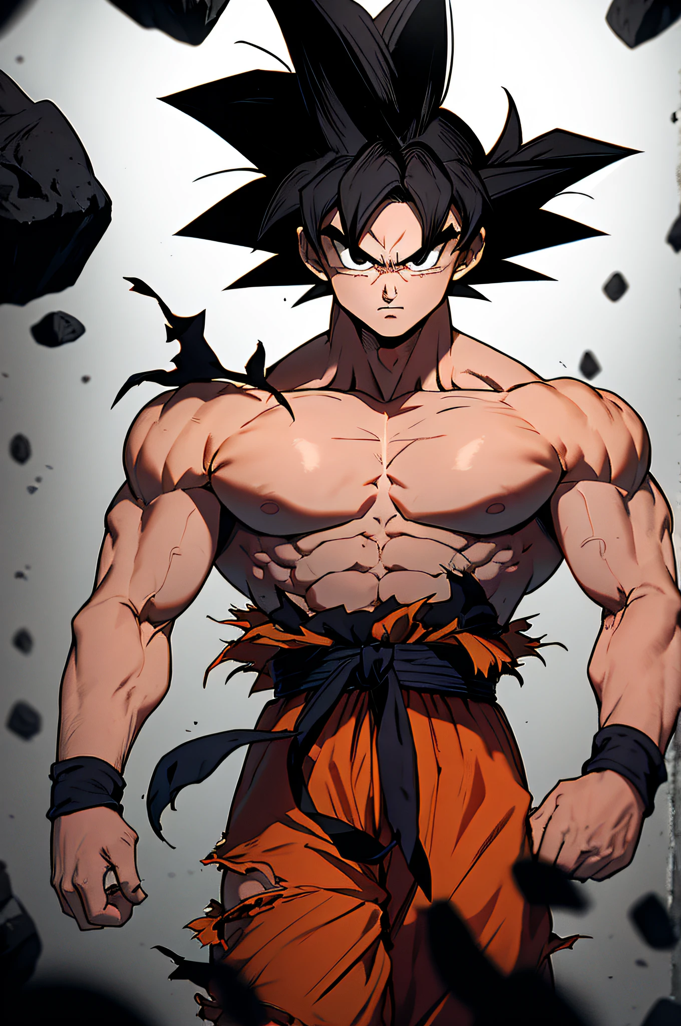 son goku, 1boy, closed mouth, male focus, muscular, muscular male, rock, sash, serious, solo, spiked hair, topless male, torn clothes, ultra instinct, black eyes, black hair, ((masterpiece))