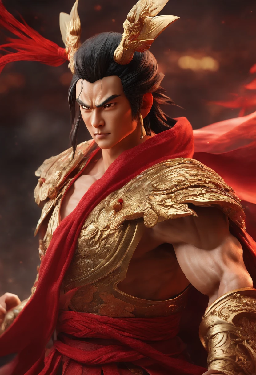 Goku as Chinese warrior in red robes, Dynasty warrior style, Elaborate and gorgeous CGI anime style, Luffy, 8K highly detailed digital effect fantasy, cgsociety 9, epic digital art illustration, and Mumford and Alex Gray style, Bio-luminescence