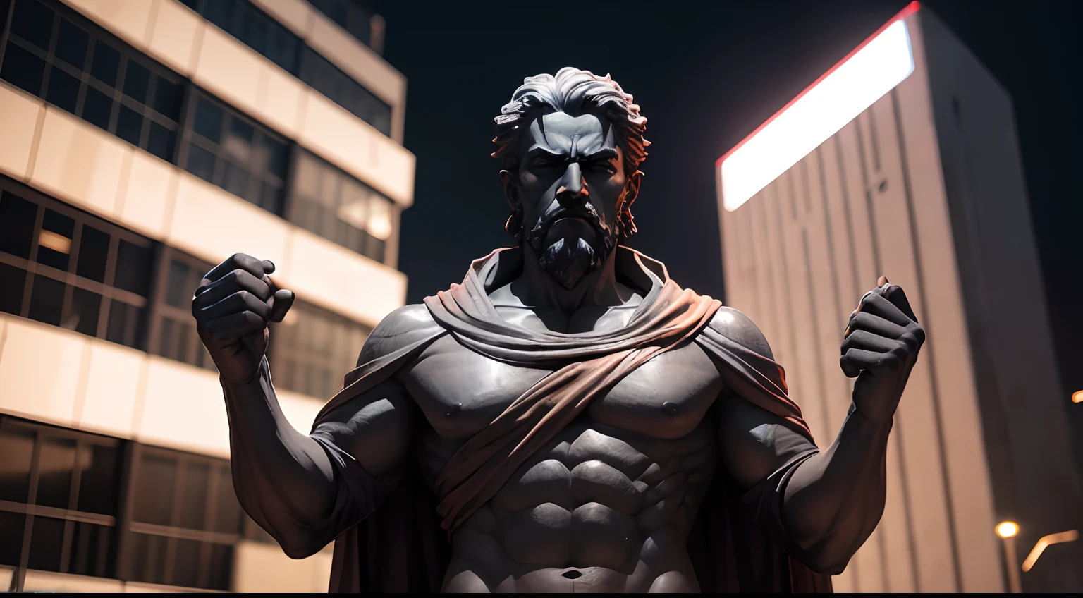 Stoic statue, with an expression of anger, usando manto e tunica longo sobre todo o corpo, Noite escura, ao ceu aberto, 35 mm, lateralmente, Filmado em Sony A7S III com Sony FE 35mm f/1.8, 12.1 MP, --AR 3:2 --estilo cru