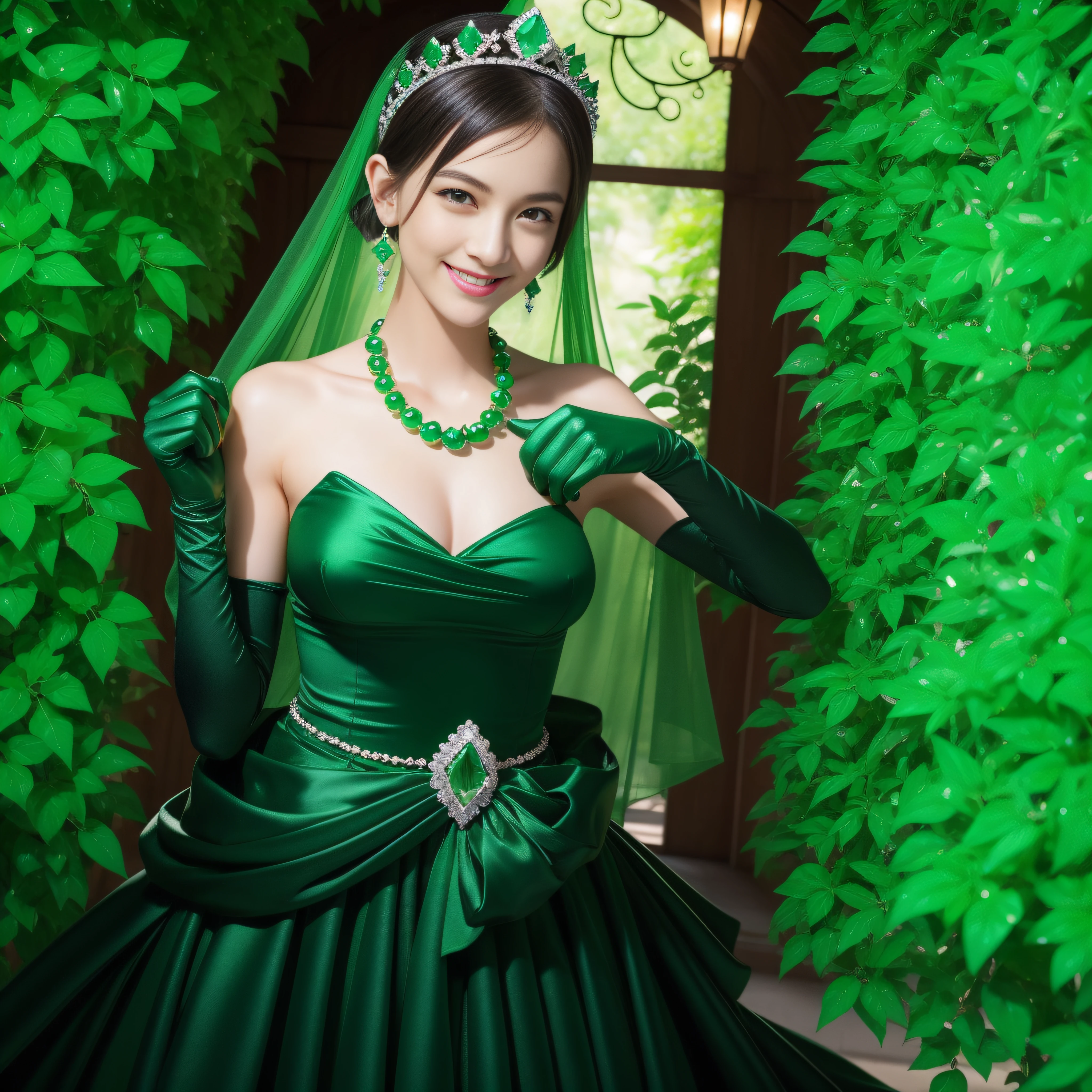 emerald tiara, Green Pearl Necklace, Boyish very short black hair, lipsticks, Japan woman smiling, very short short hair, fist, big breasts beautiful, Green eyes, Long green gloves made of satin material, Green eyes, Emerald Earrings