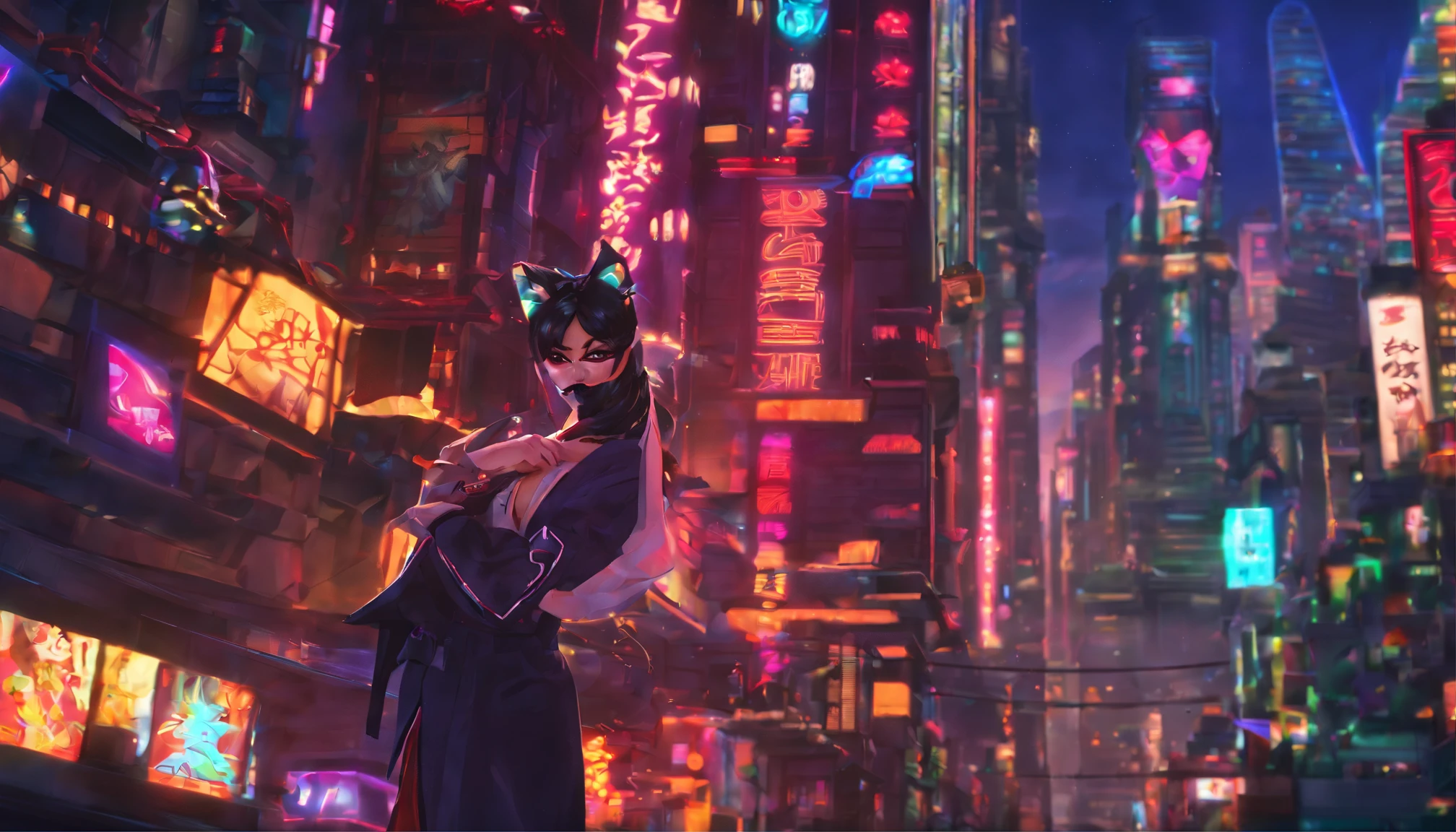Ahri de League of Legends, foto do corpo todo, perfect hands, cabelos pretos e longos, nine fox tails on the tailbone, orelhas de raposa pretas, roupa de samurai vermelha, papel de parede, fundo em Iona, rosto sexy oriental, cabelos pretos escuros, imagem horizontal, celular