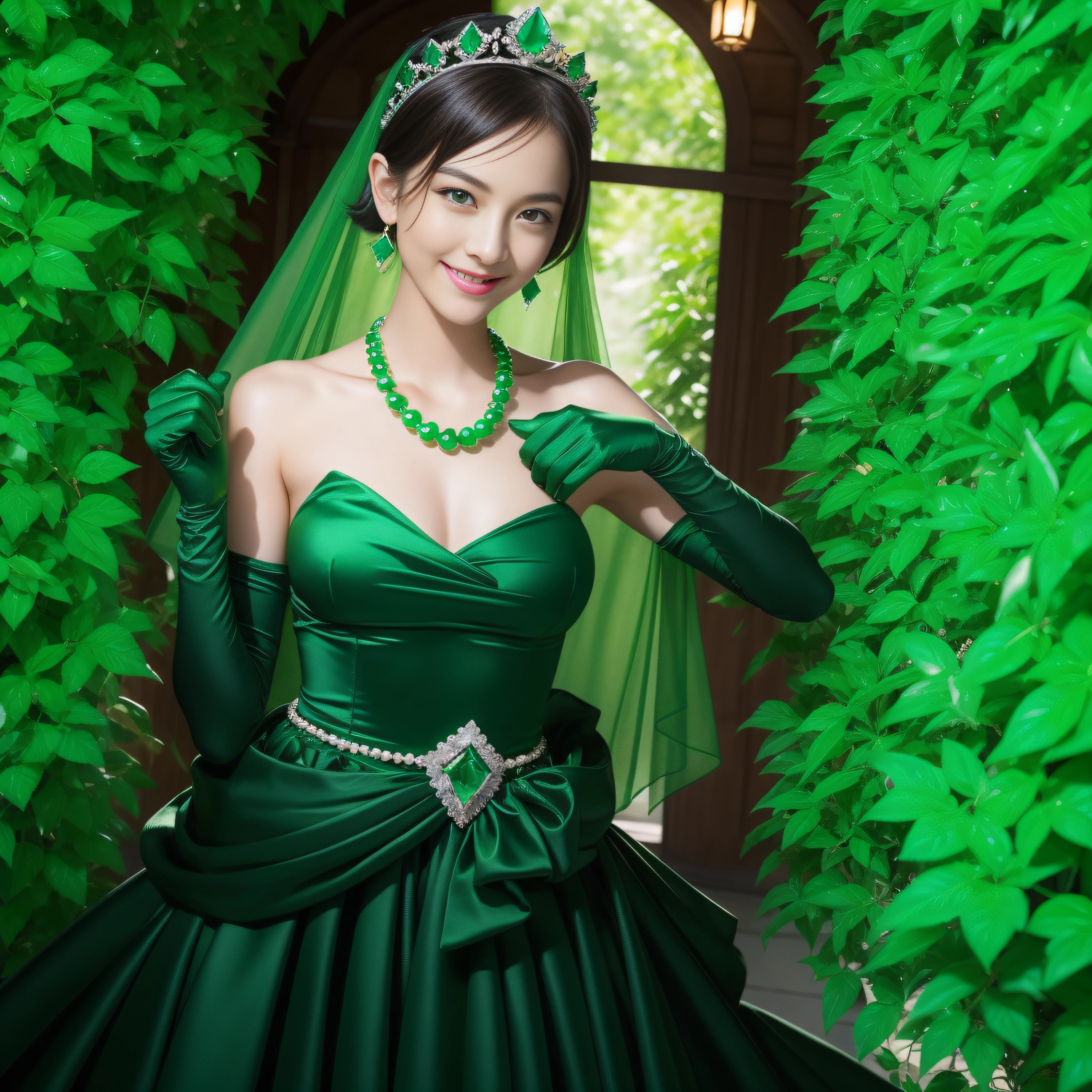 emerald tiara, Green Pearl Necklace, Boyish very short black hair, lipsticks, Japan woman smiling, very short short hair, fist, big breasts beautiful, Green eyes, Long green gloves made of satin material, Green eyes, Emerald Earrings