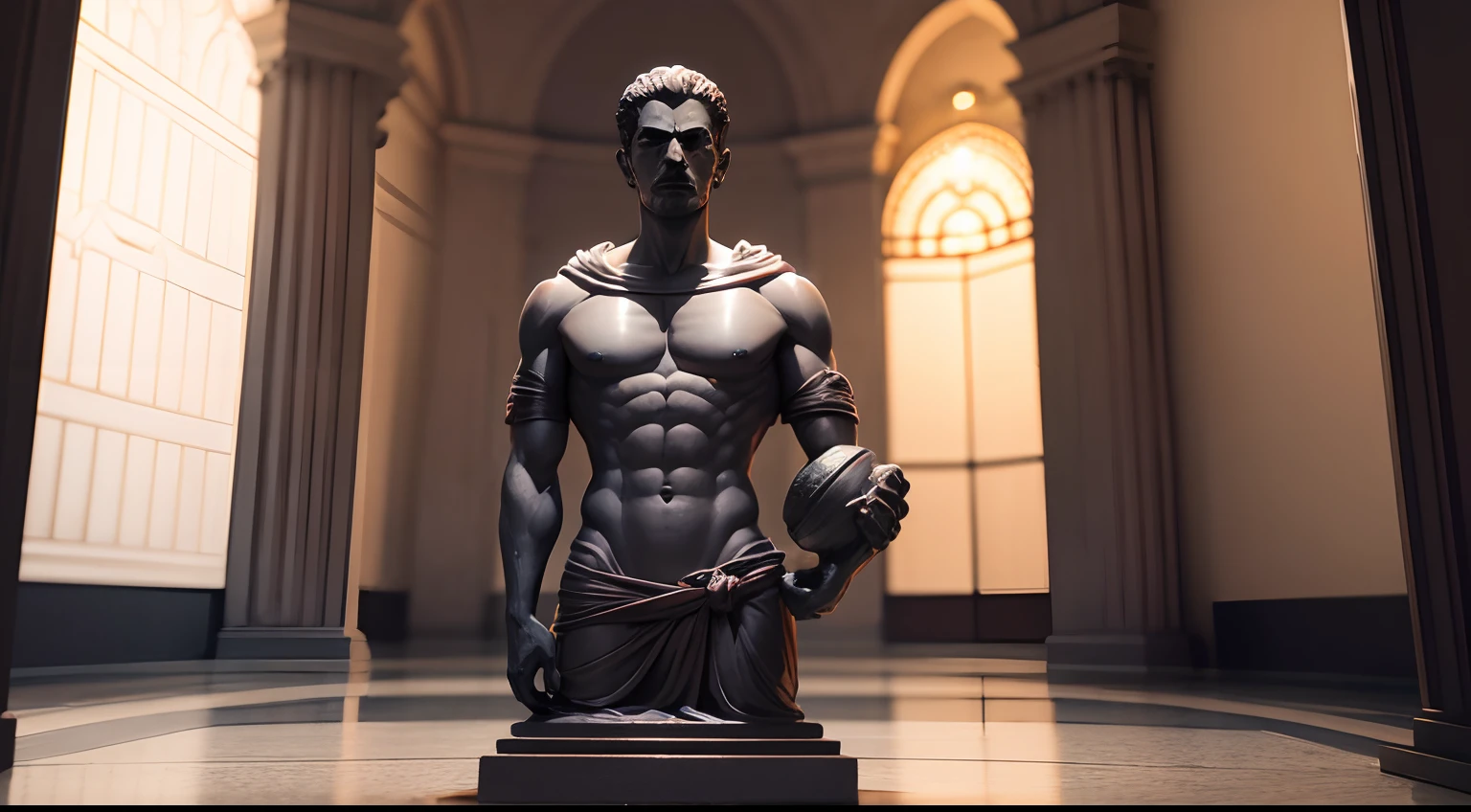 Stoic statue, with an expression of anger, usando manto e tunica longo sobre todo o corpo, Noite escura, ao ceu aberto, 35 mm, lateralmente, Filmado em Sony A7S III com Sony FE 35mm f/1.8, 12.1 MP, --AR 3:2 --estilo cru