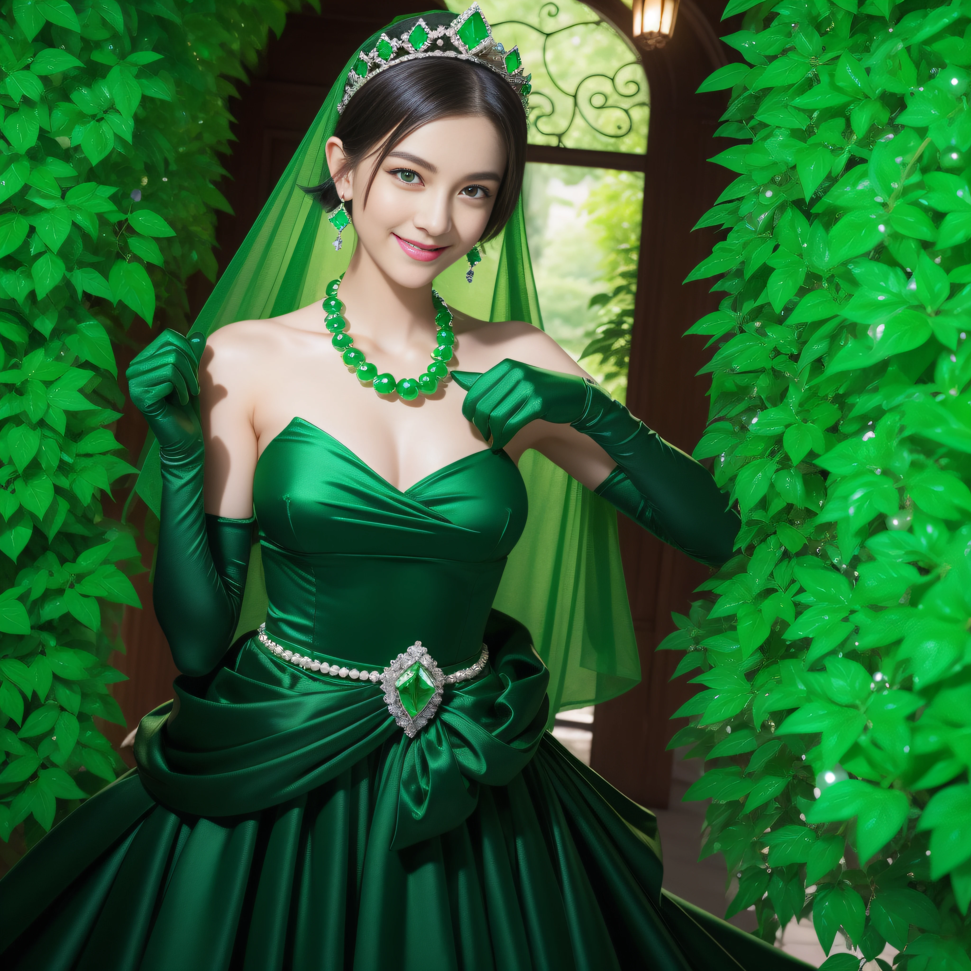 emerald tiara, Green Pearl Necklace, Boyish very short black hair, lipsticks, Japan woman smiling, very short short hair, fist, big breasts beautiful, Green eyes, Long green gloves made of satin material, Green eyes, Emerald Earrings