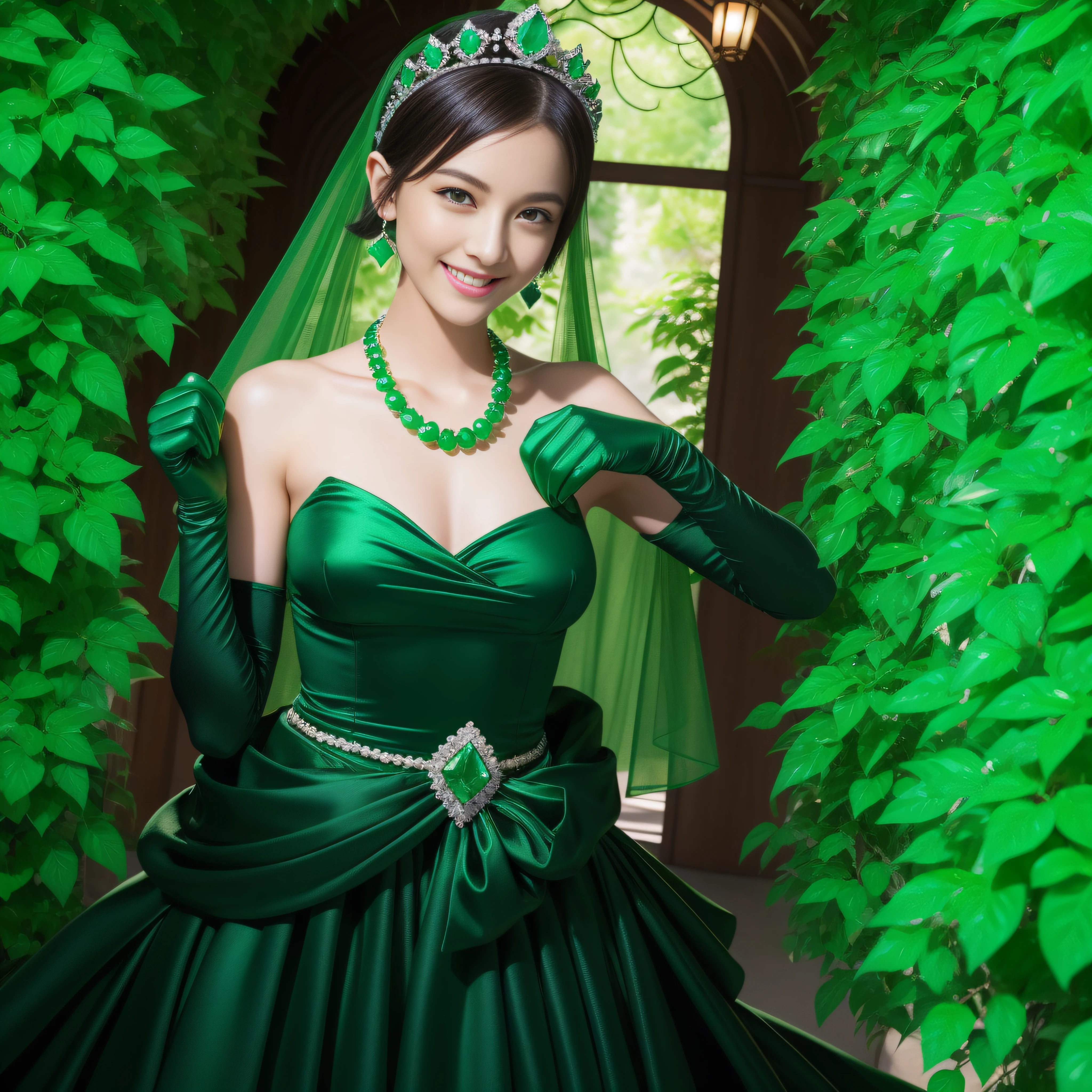 emerald tiara, Green Pearl Necklace, Boyish very short black hair, lipsticks, Japan woman smiling, very short short hair, fist, big breasts beautiful, Green eyes, Long green gloves made of satin material, Green eyes, Emerald Earrings