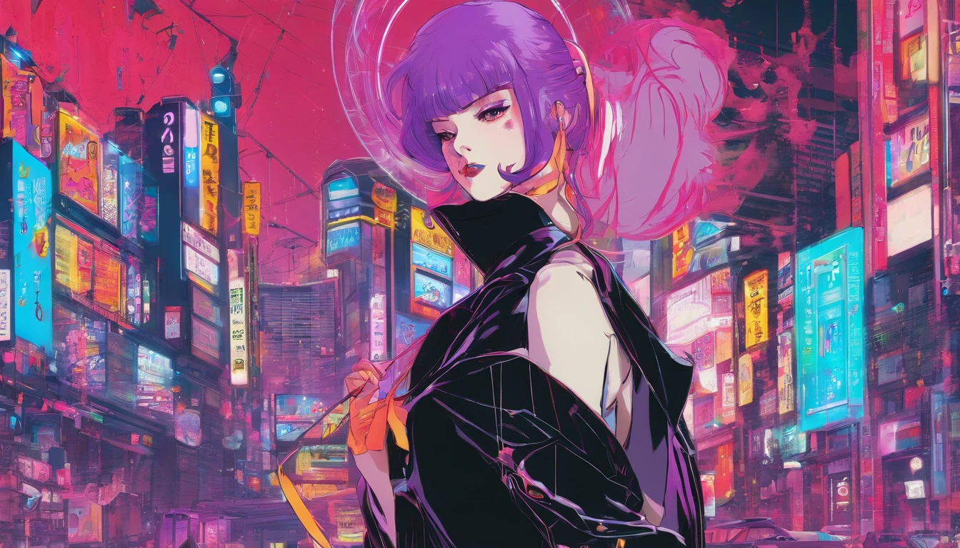 japanaese girl,pale skin,beatiful face(purple hair)red jacket,Tokyo at night, with Cyberpunk style,Japanese streetwear,Tokyo Fashion,In a Cyberpunk 2 jacket 0 7 7,Full-length,attractive pose,Bottom view,Araffe woman in black dress and black hat posing for photo, inspired by Otake Chikuha, Sui Ishida with black hair, based on Iwasa Matabey, Masami Kurumada Style, inspired by Yukihiko Yasuda, based on Sakai Hoitsu, Wearing Japanese technical clothing, wearing a black noble suit